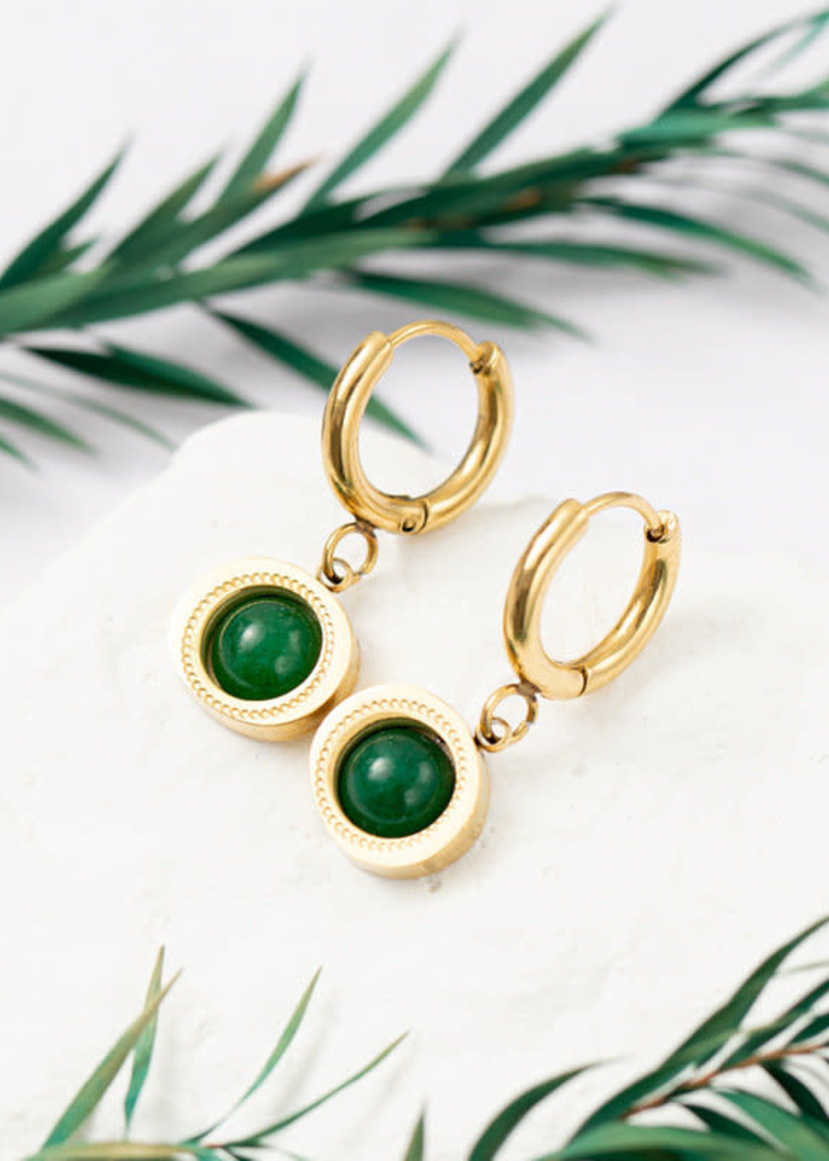 Just East Gold with Emerald Stone Round Hoop Earrings