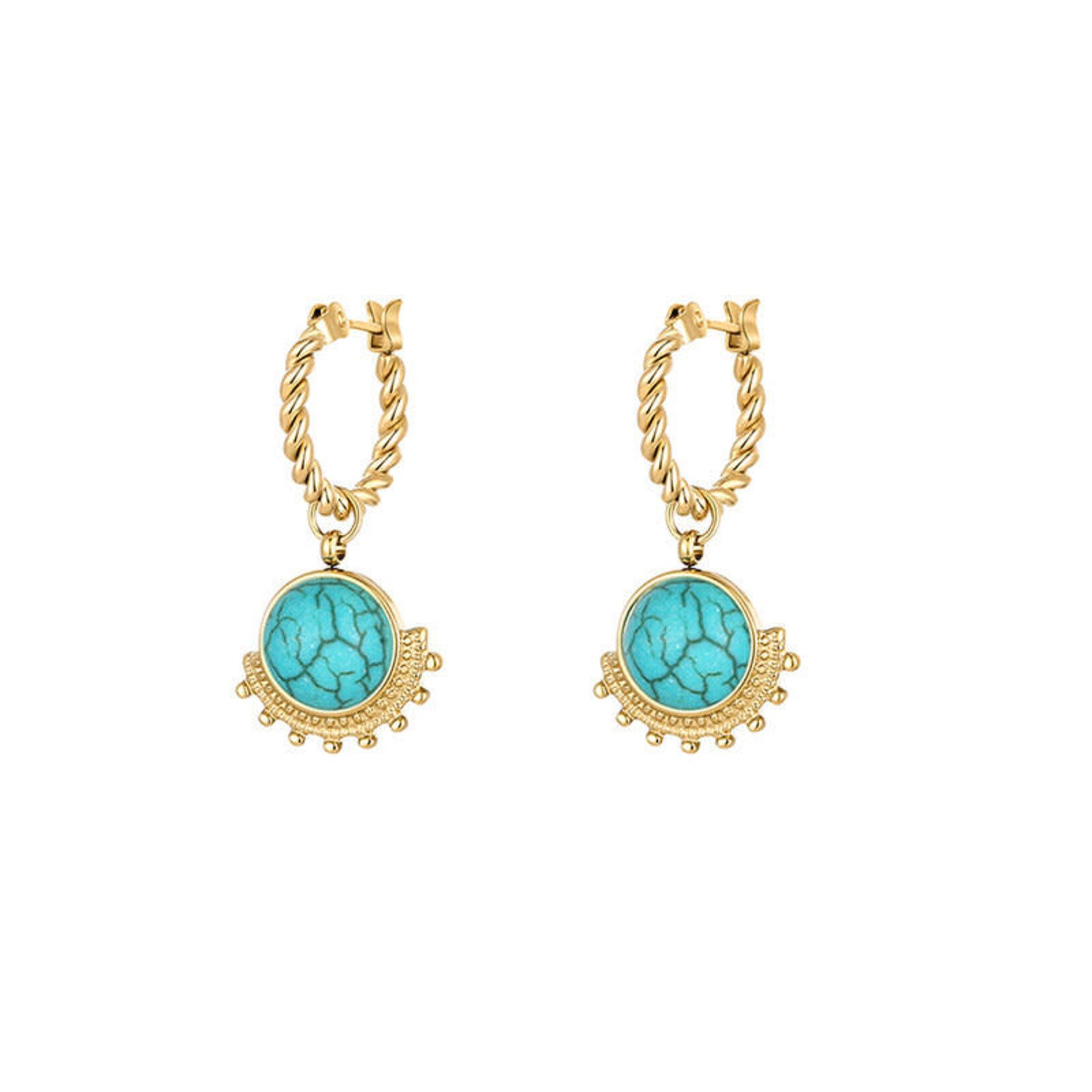 Just East Gold with Aqua Stone Round Hoop Earrings