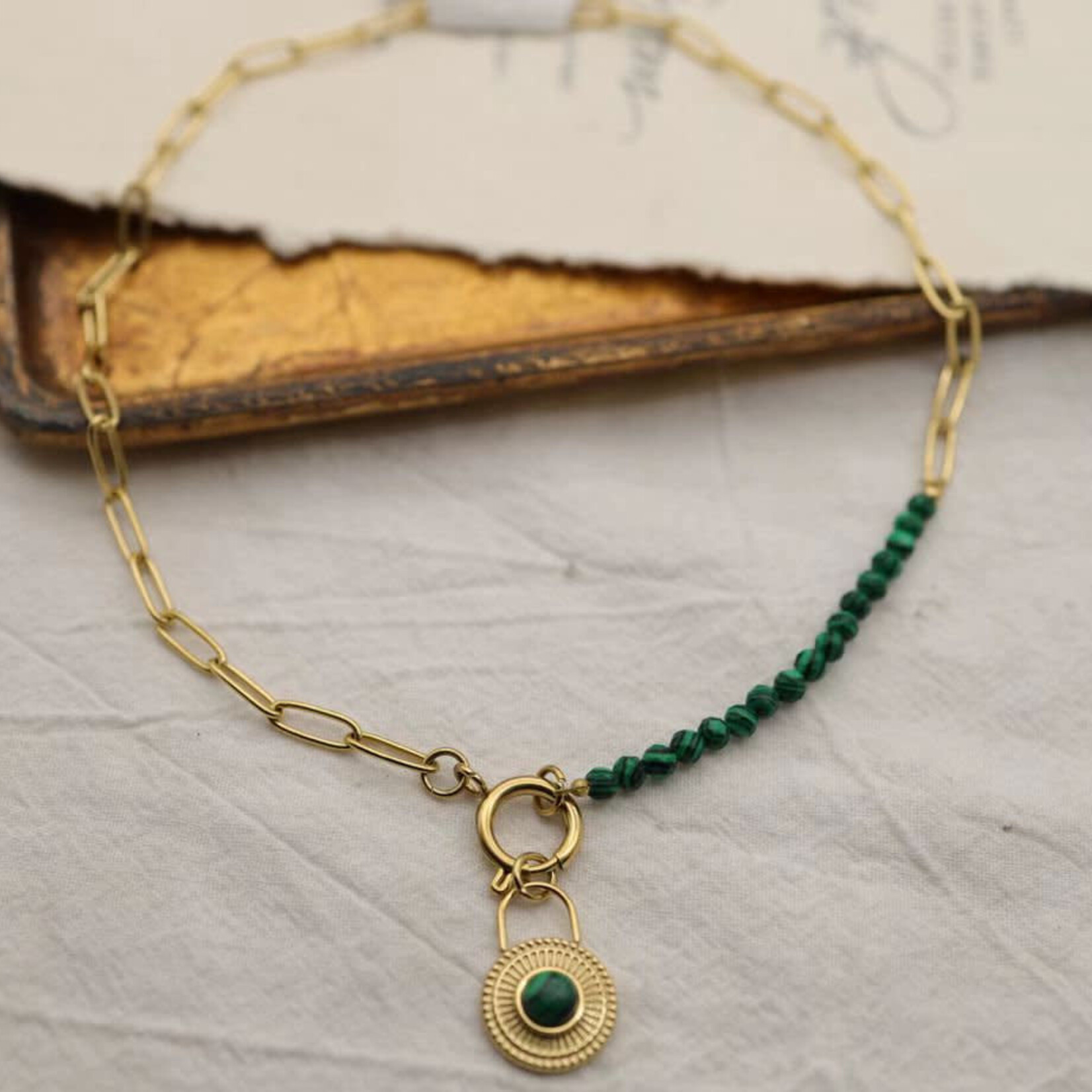 Just East Gold Jade Round Pendant Choker Necklace
