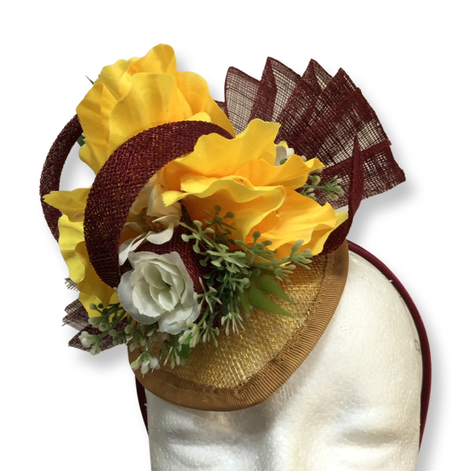 OPO Burgundy & Yellow Floral Fan Fascinator