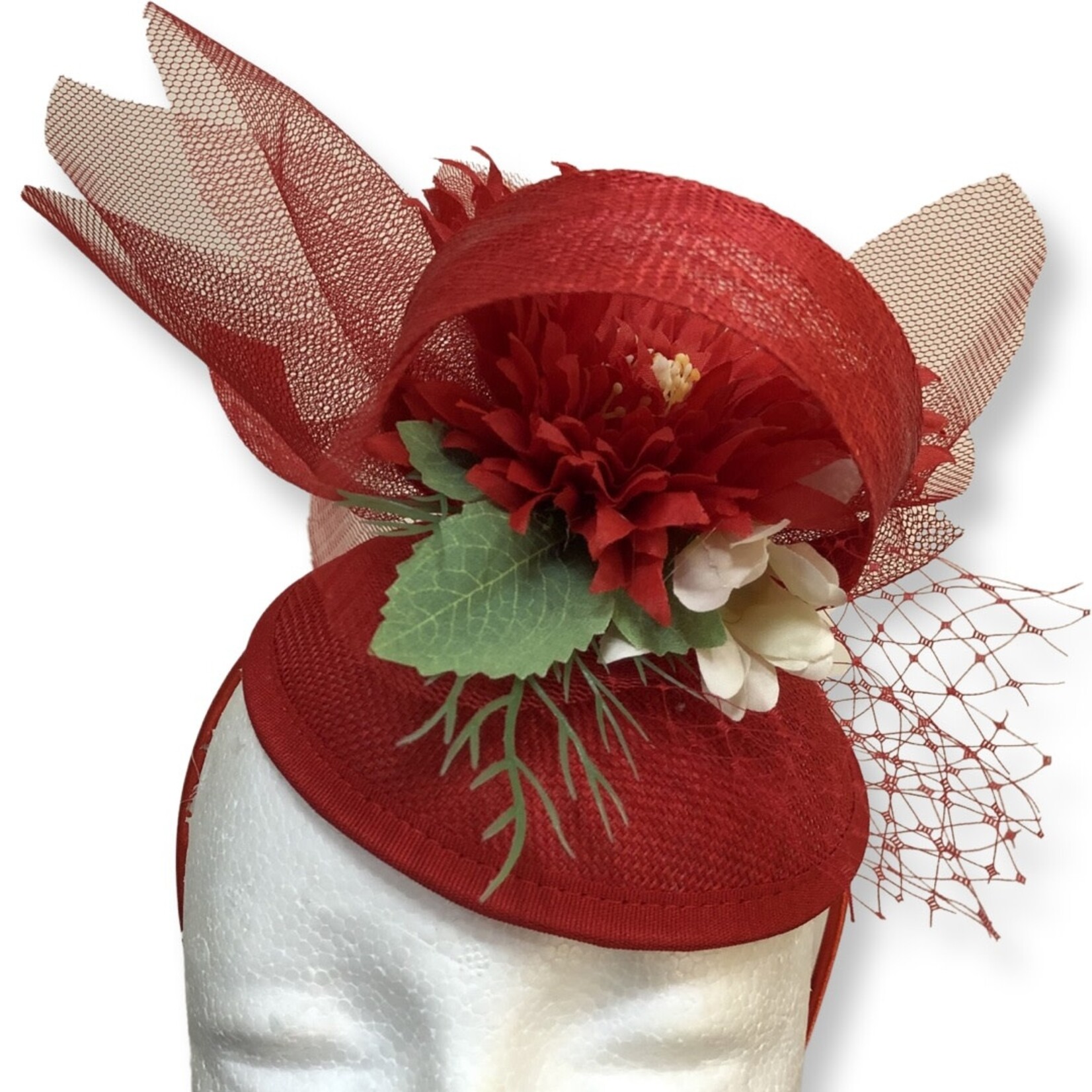 OPO Red & White Floral Hat, Headband Fascinator