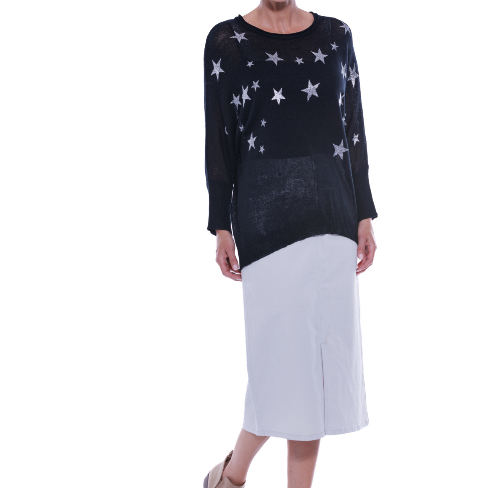 Cafe Latte Black Foil Star Batwing Jumper/Knit Top