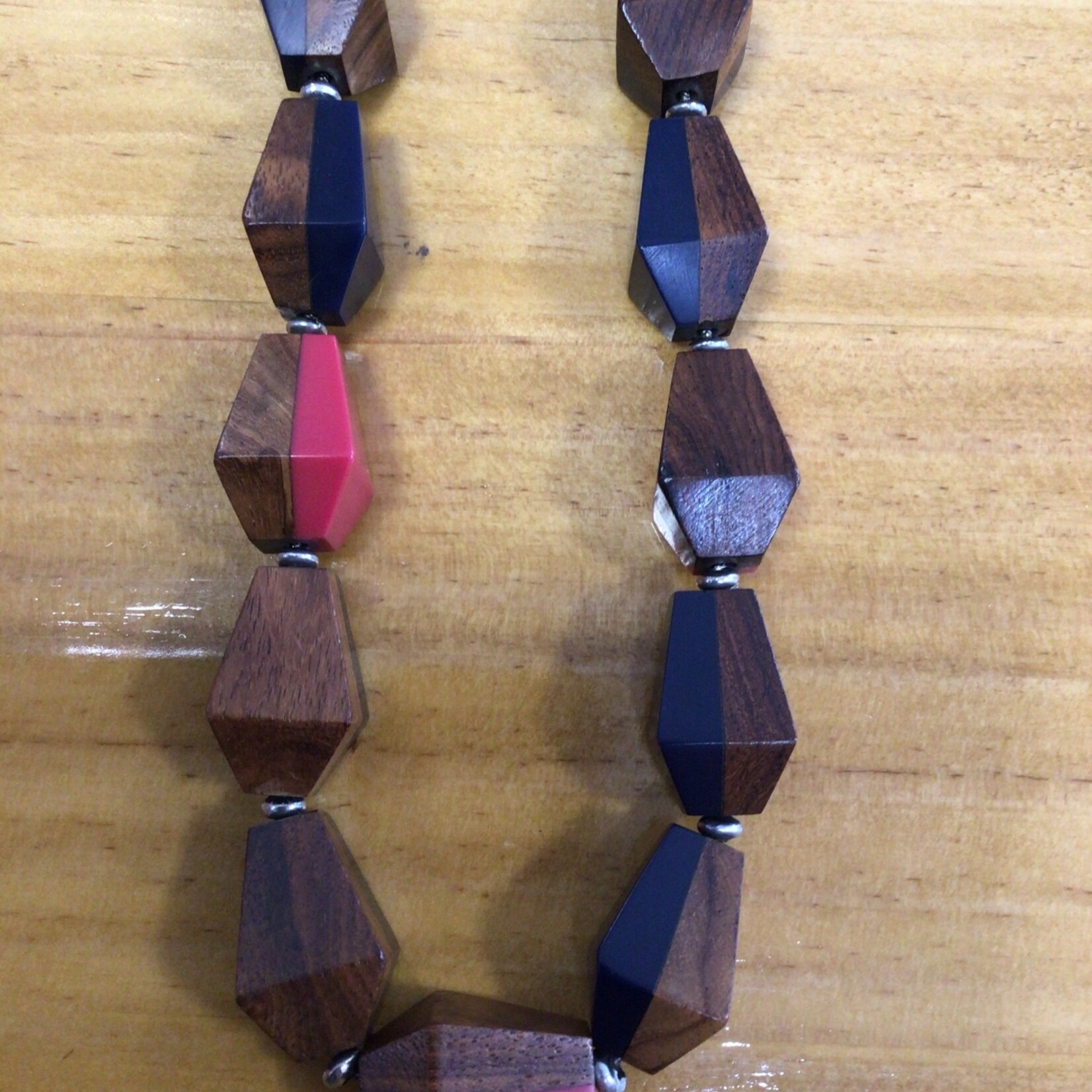 S.S Jewellery Navy, Red & Brown Wood and Silver Necklace