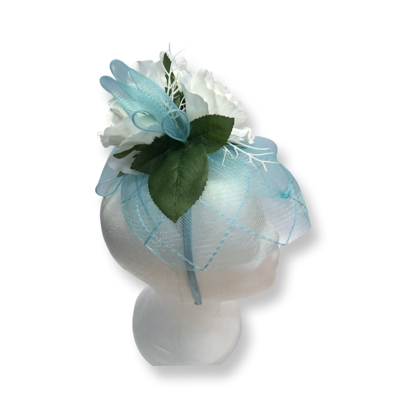 OPO Aqua with White Rose Hat Fascinator