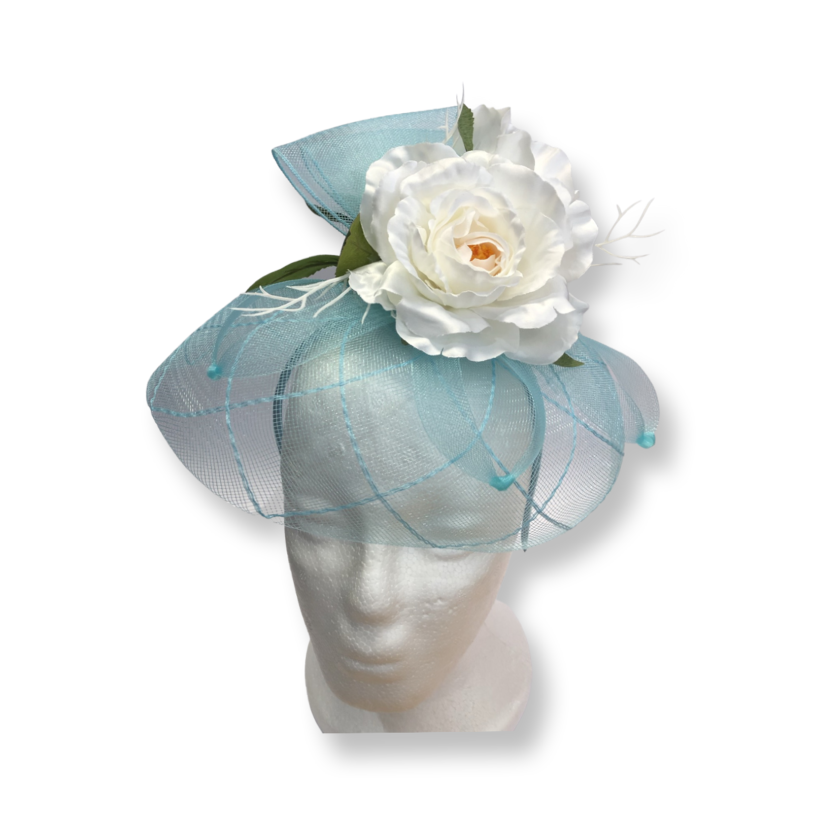 OPO Aqua with White Rose Hat Fascinator
