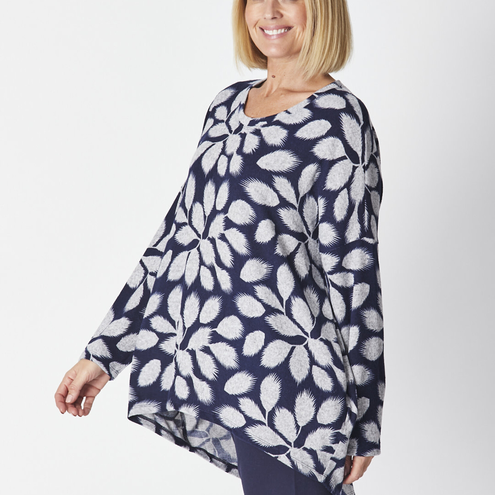 Cordelia Street Navy Grey Leaf Design Rosie LS Tunic