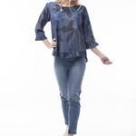 Orientique Denim Floral Aurora Corsica Long Ruffled Top