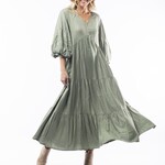 Escape by OQ Green Bay V Neck Peak Maxi Puffed Sleeve Dress