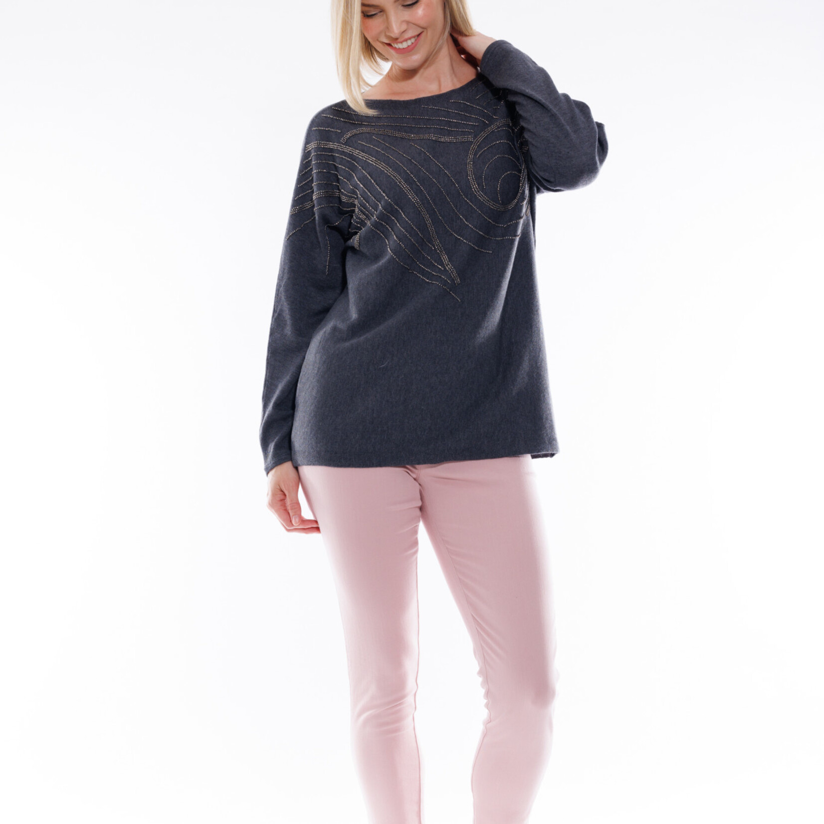 Cafe Latte Charcoal Metal Bead Front Batwing Jumper