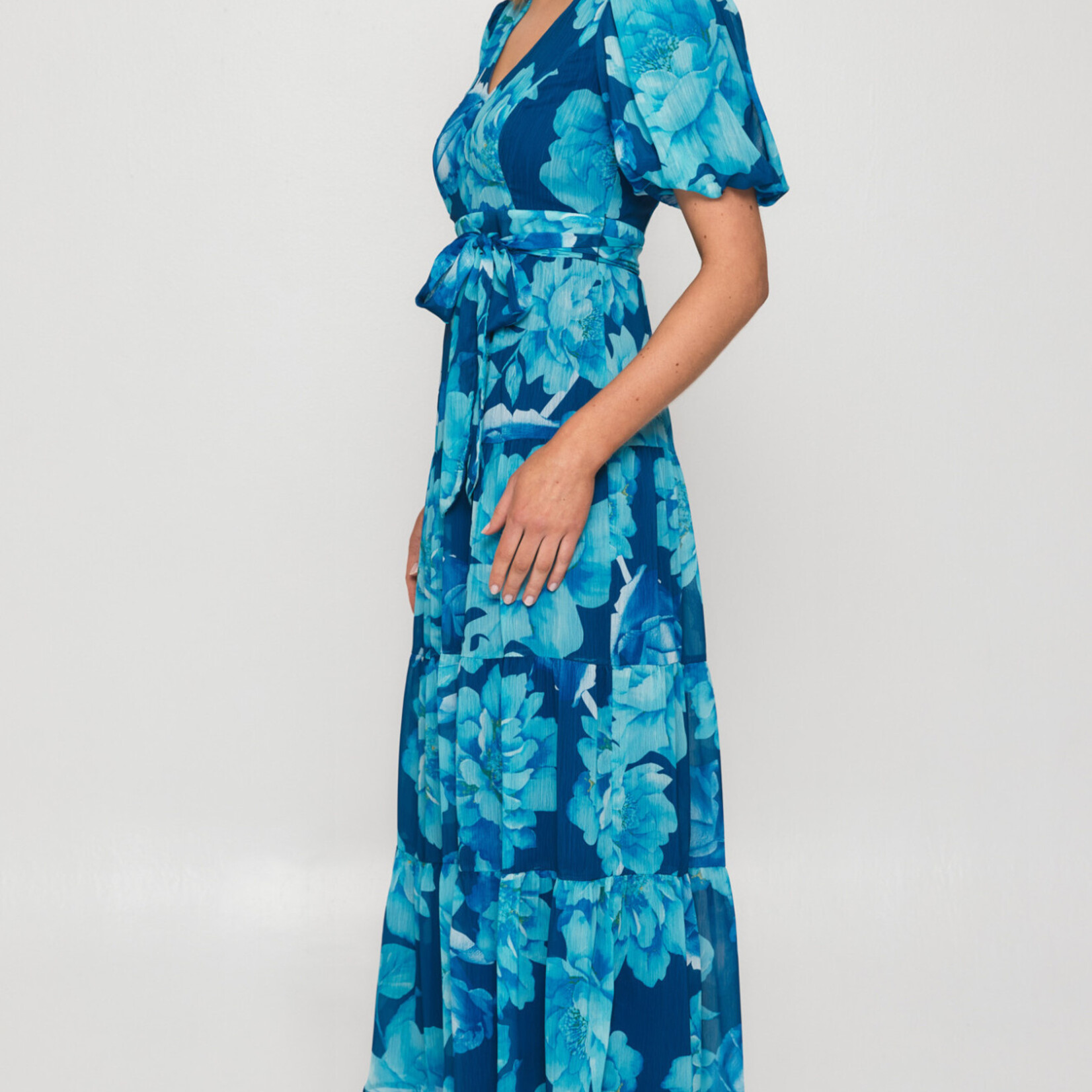 Style State Blue Floral Chiffon Tiered Midi Dress