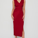 Style State Wine V Neck Mid Pleated Dress