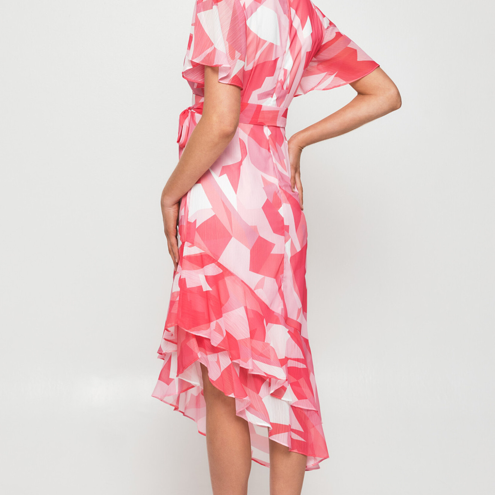 Style State Raspberry Abstract Chiffon Ruffled Dress