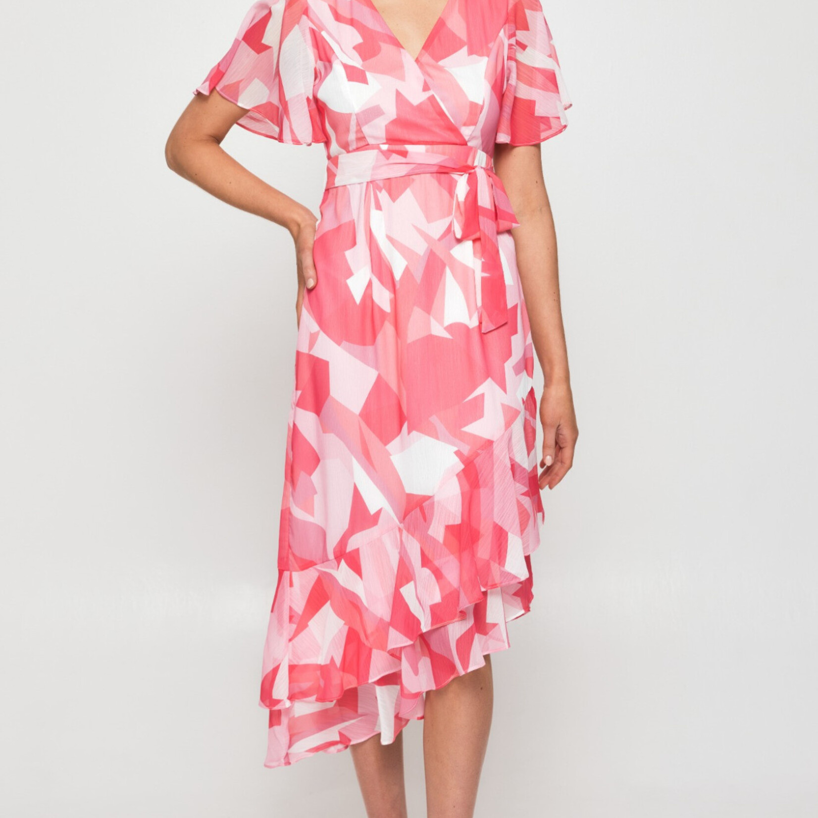 Style State Raspberry Abstract Chiffon Ruffled Dress