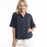 Escape by OQ Navy Linen Button Front SS Top