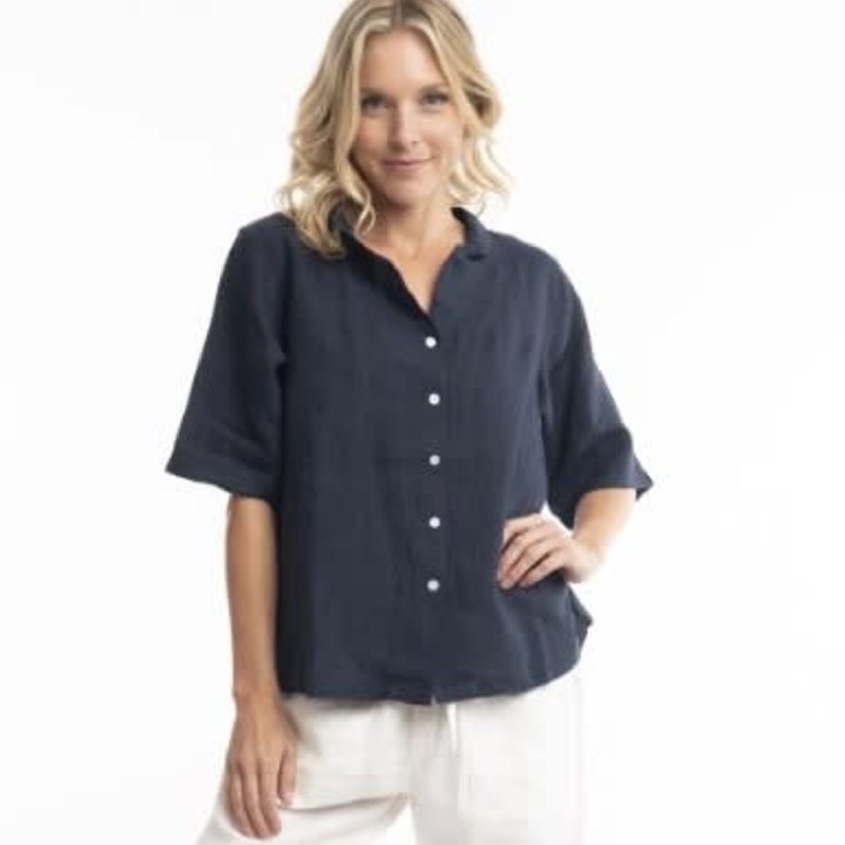 Escape by OQ Navy Linen Button Front SS Top