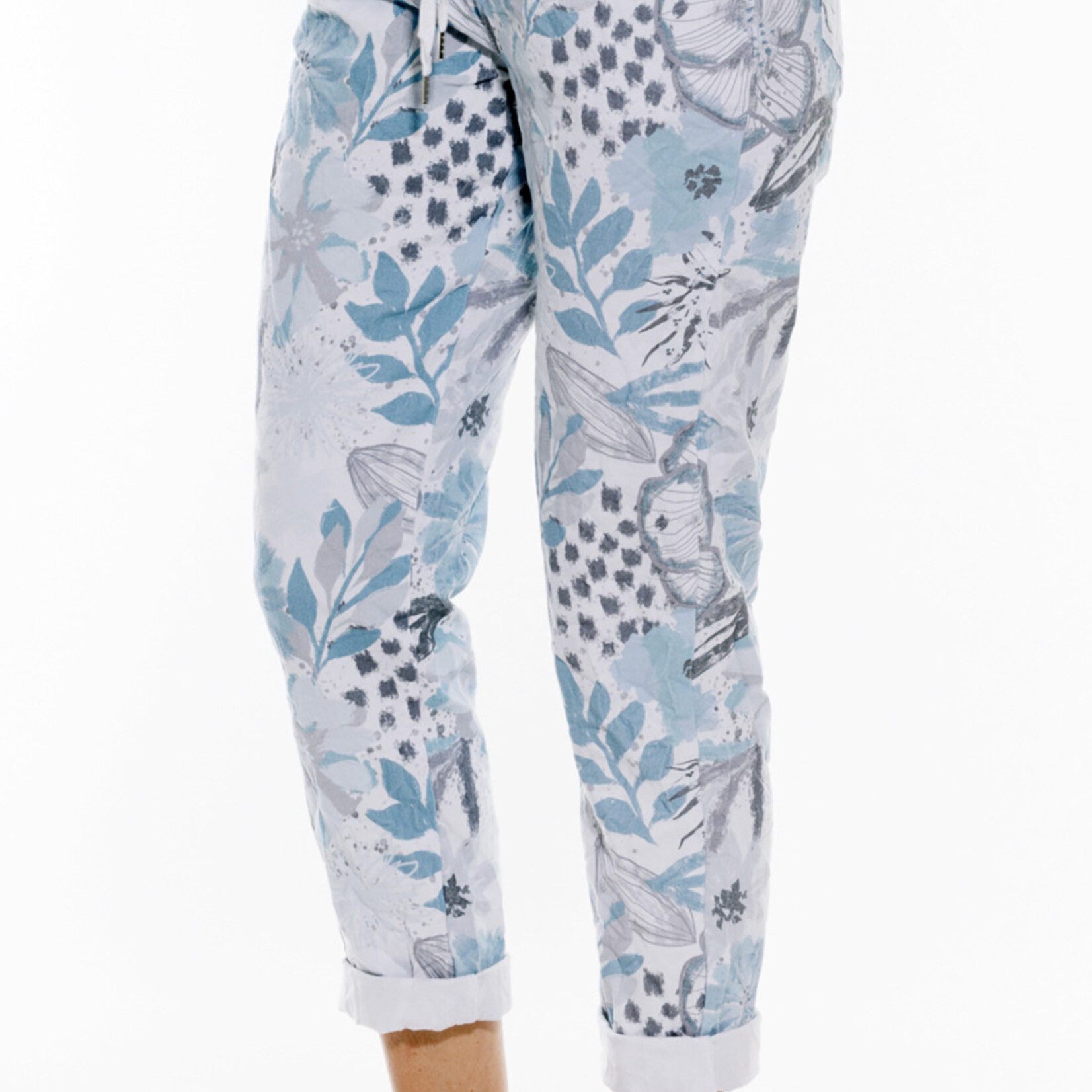 Cafe Latte Blue Floral Crinkle Cotton Drawstring Pants