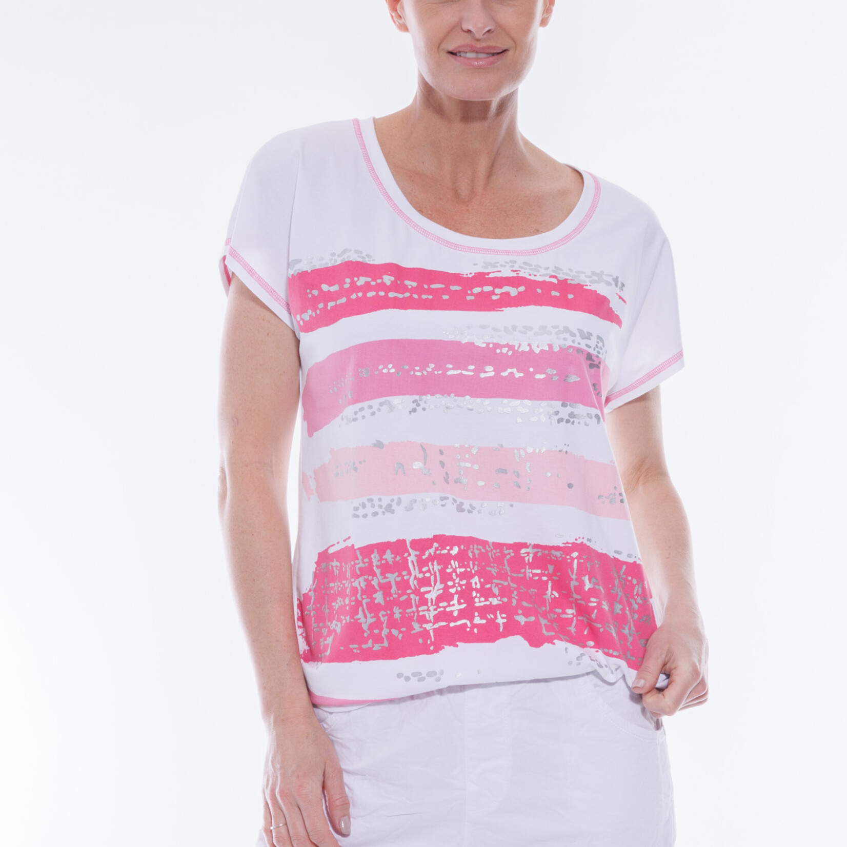 Cafe Latte White with Pink Brushstroke Cap Sleeve Tee