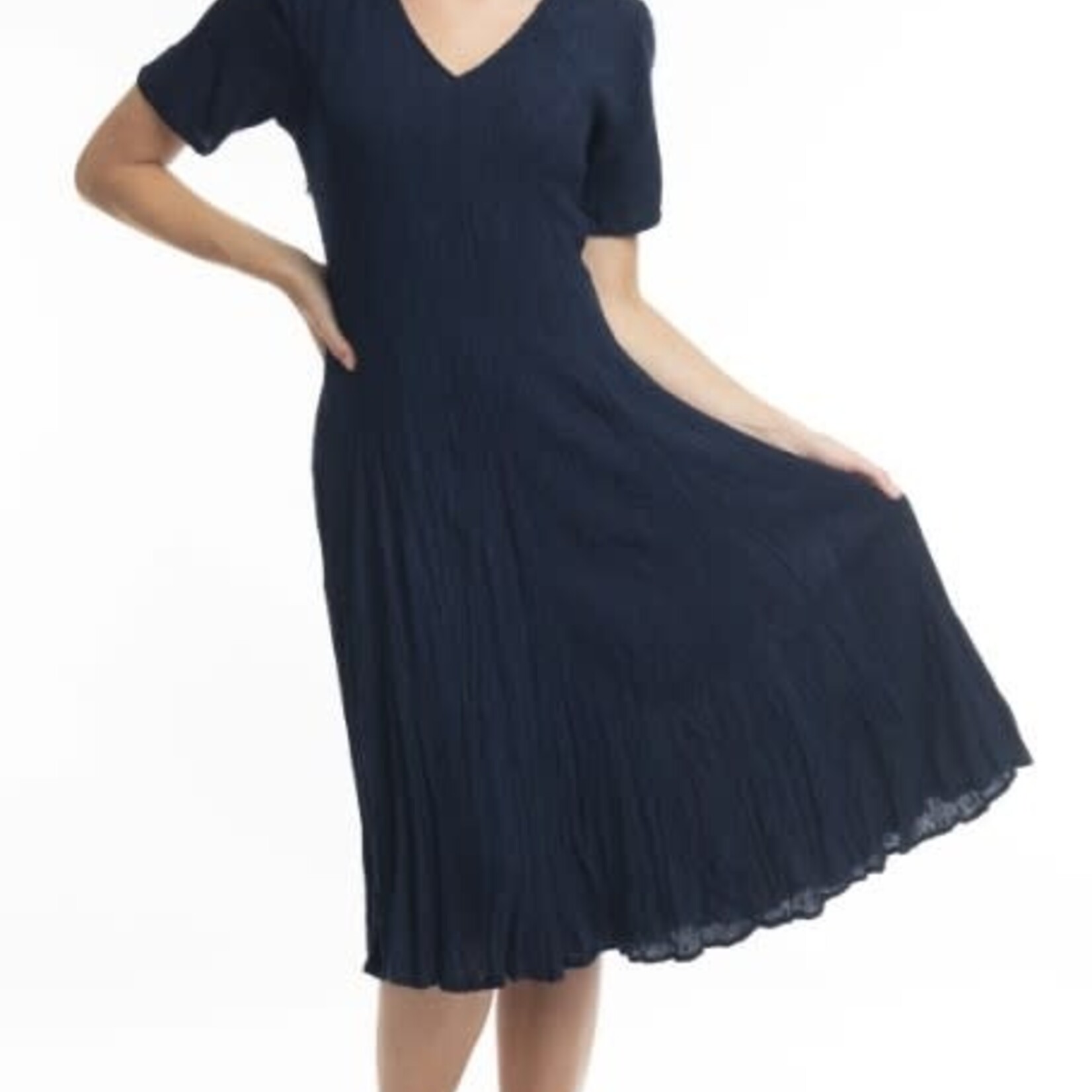 Orientique Navy Crinkle V Neck Dress