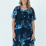 Vivid International Navy Blue Florals Layered Short Sleeve Dress