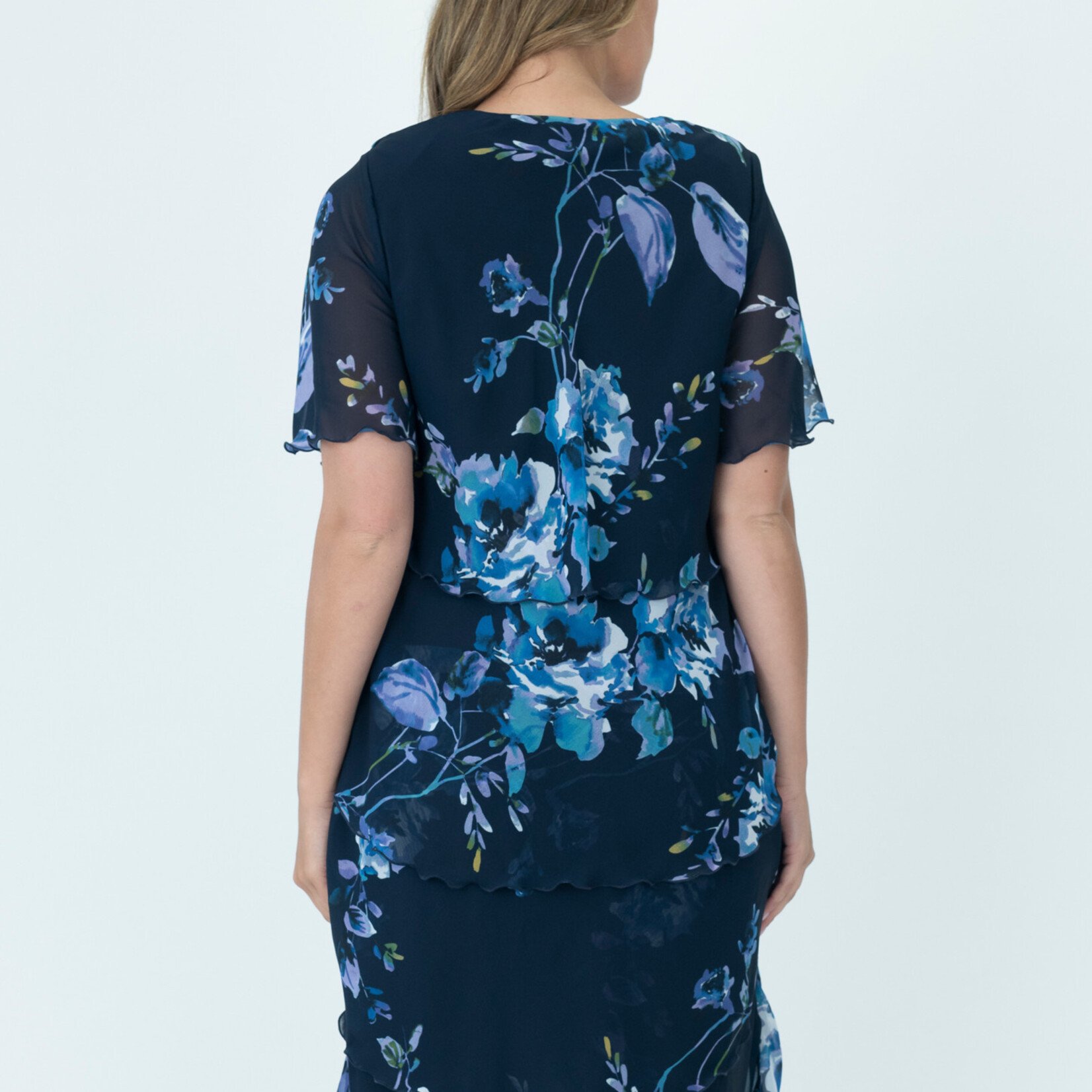 Vivid International Navy Blue Florals Layered Short Sleeve Dress