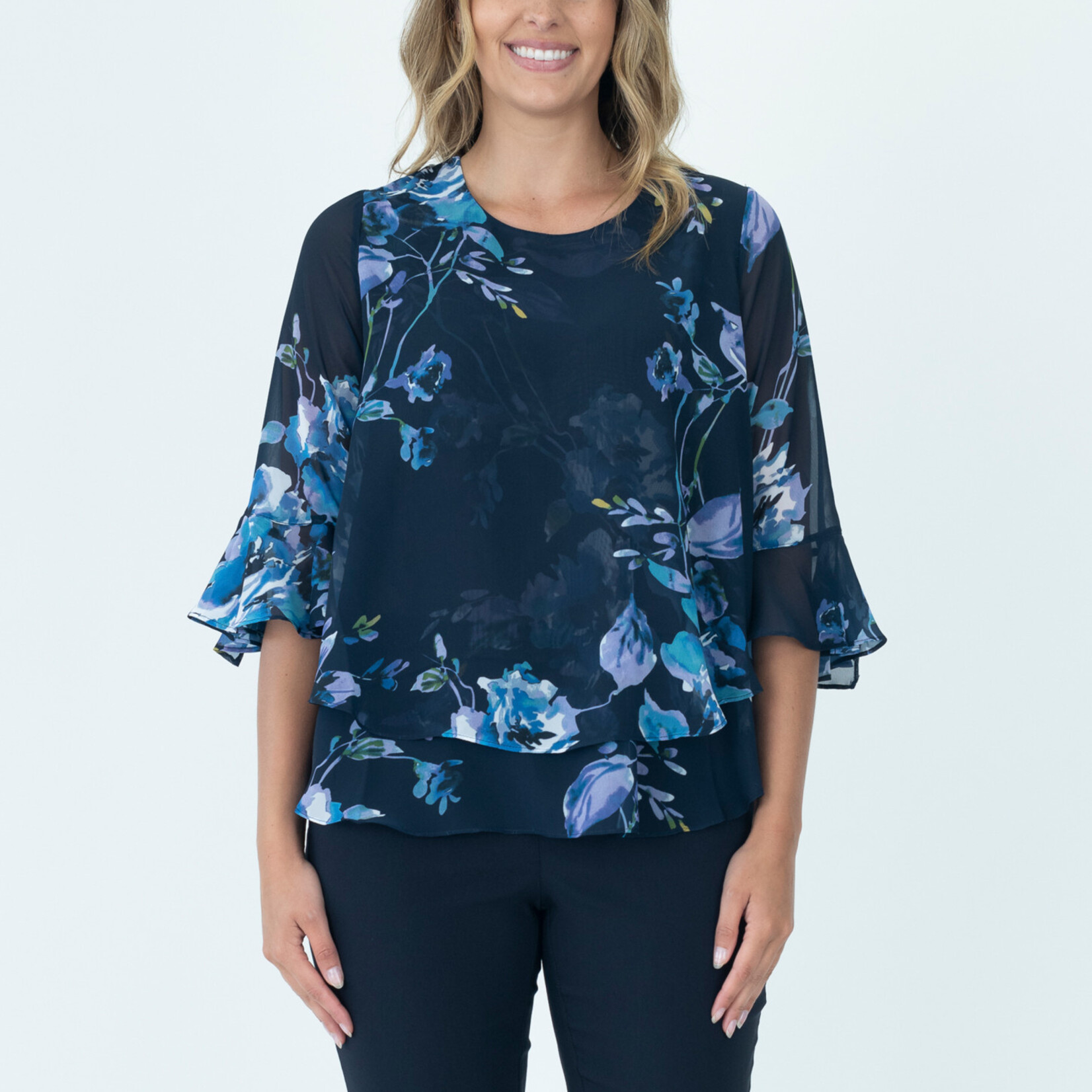 Renoma Navy Blue Florals Layered 3/4 Sleeve Top