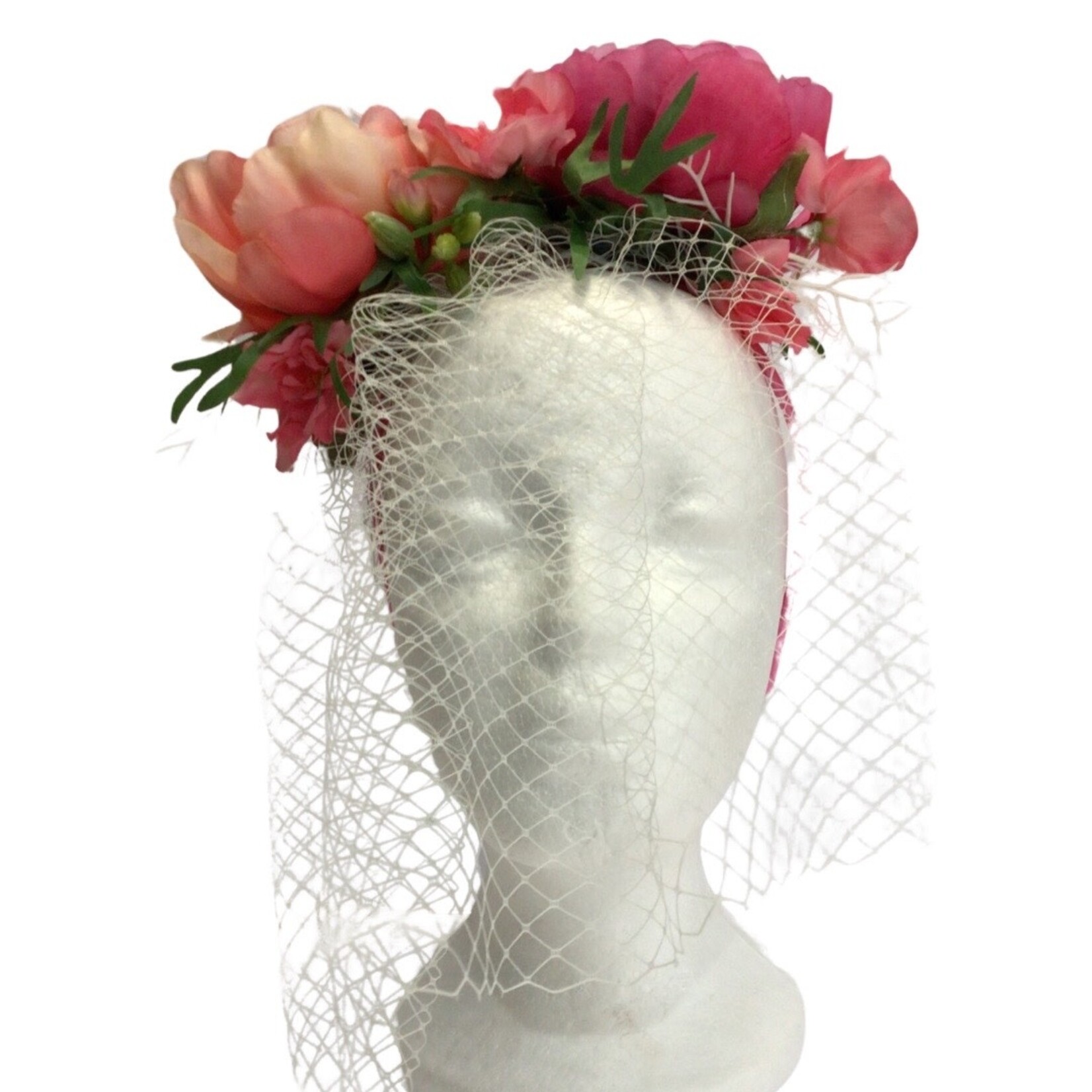 OPO Pink & Peach Flowers w/Tulle Netting Fascinator