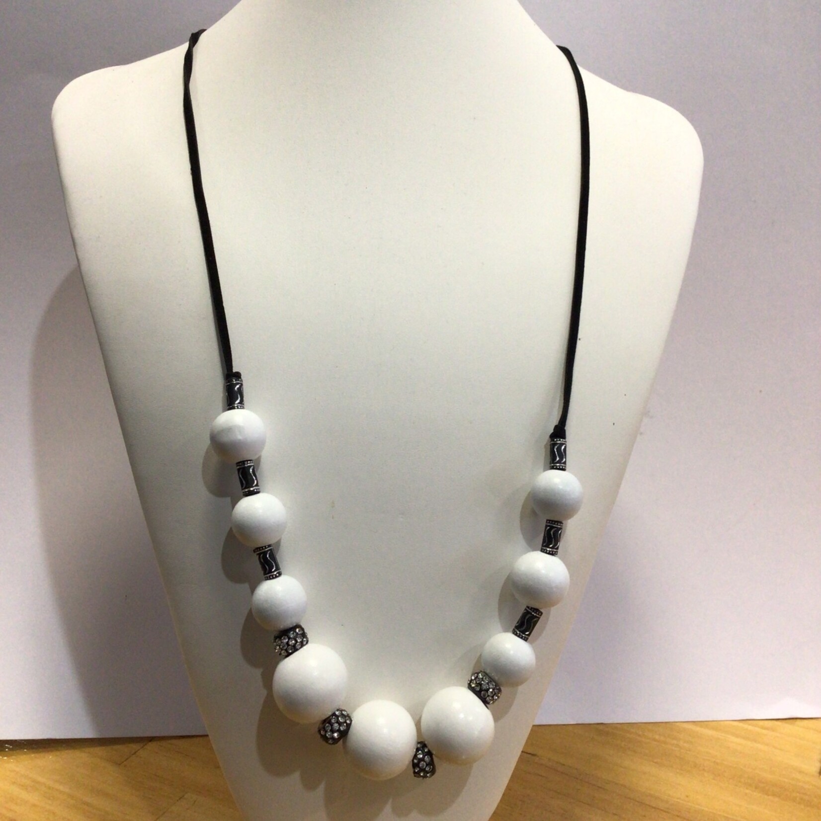 OPO White Wooden & Black Beaded Long Necklaces