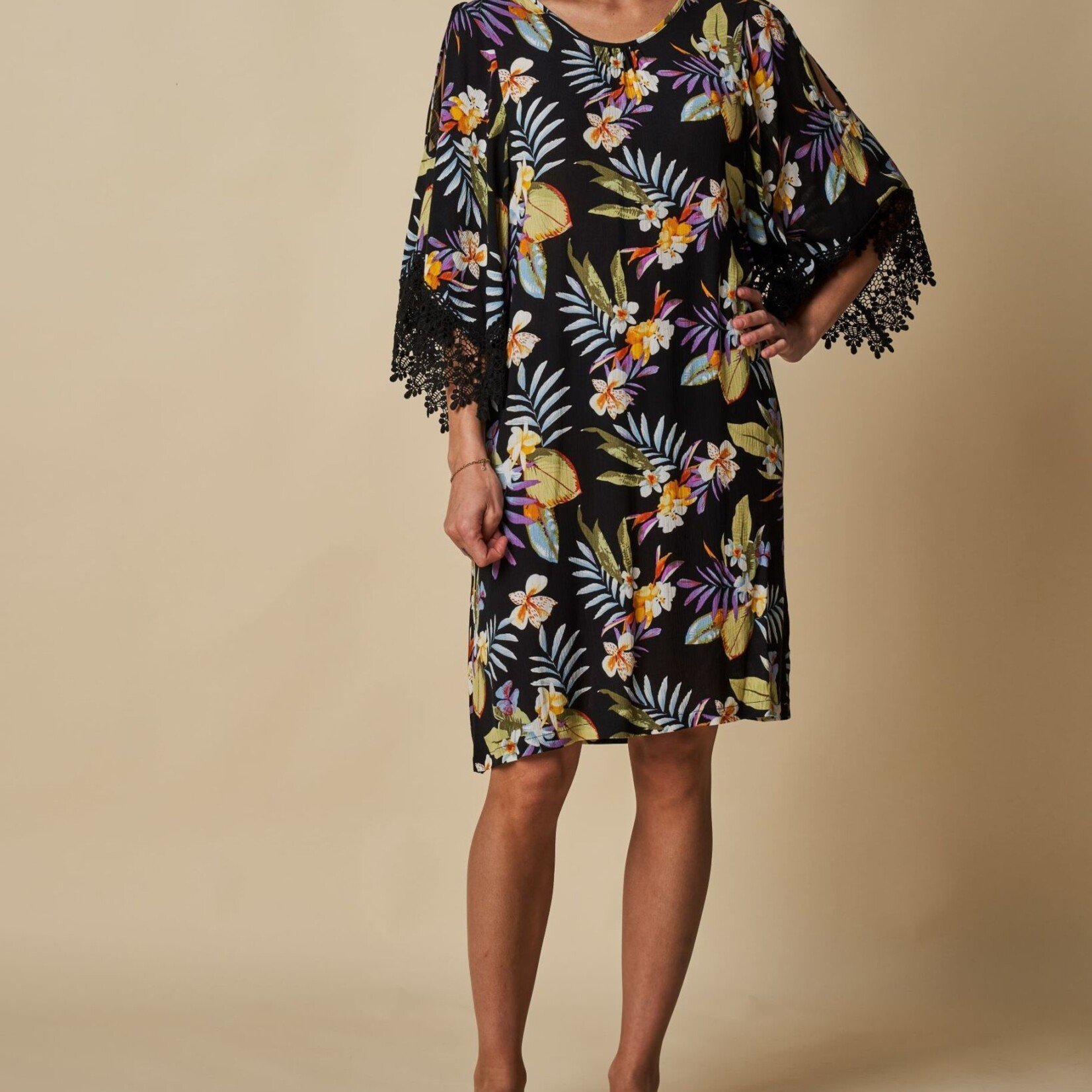 Cherrylane Black/Yellow Floral Lace Trim Cutout Dress
