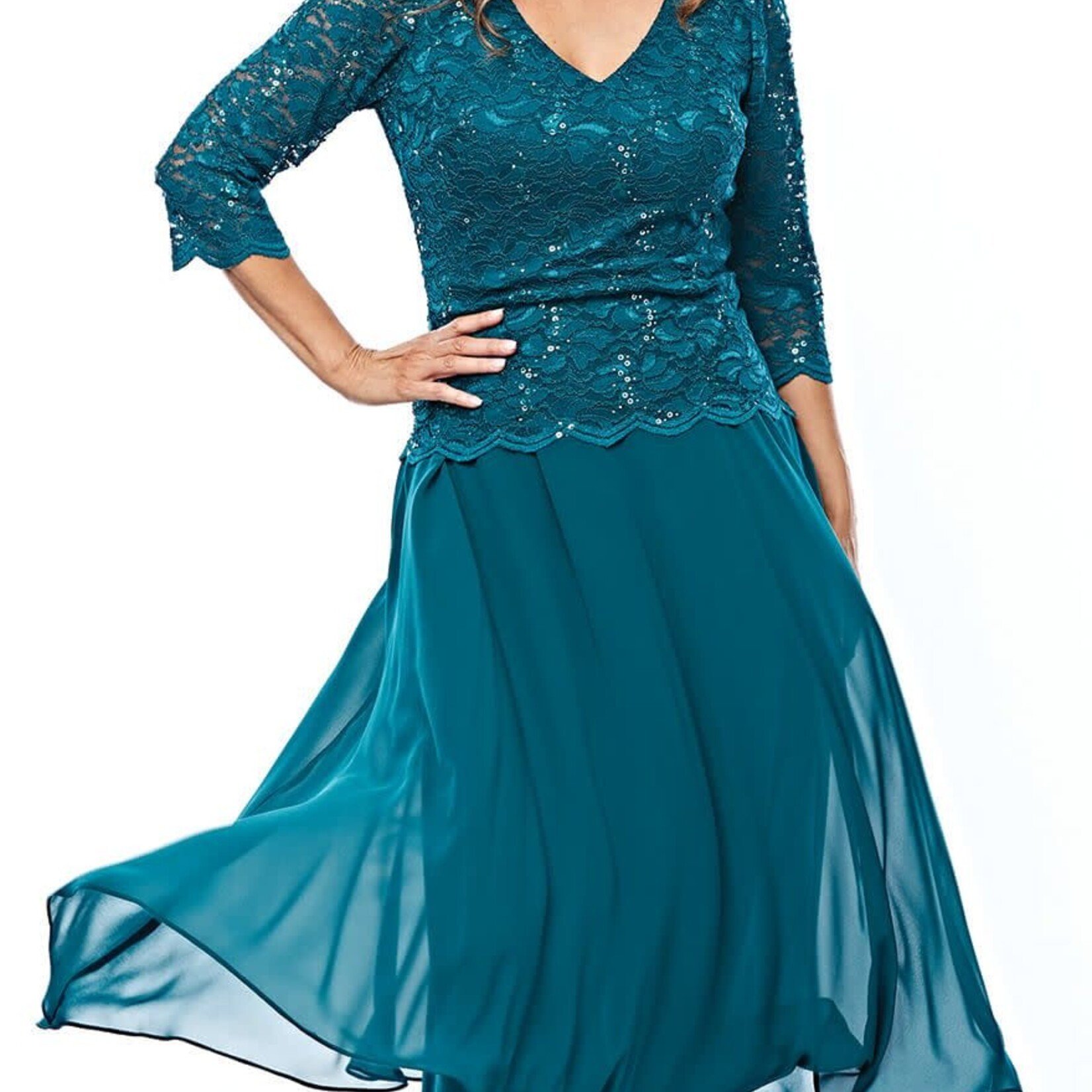 Jesse Harper Emerald Sequin & Lace Chiffon Dress