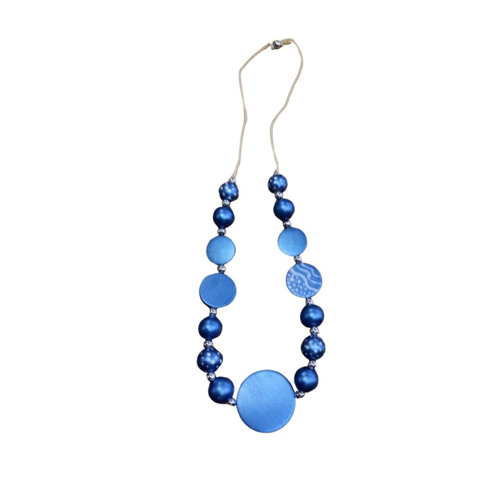 OPO Blue Metallic Wood & Silver Bead Necklace