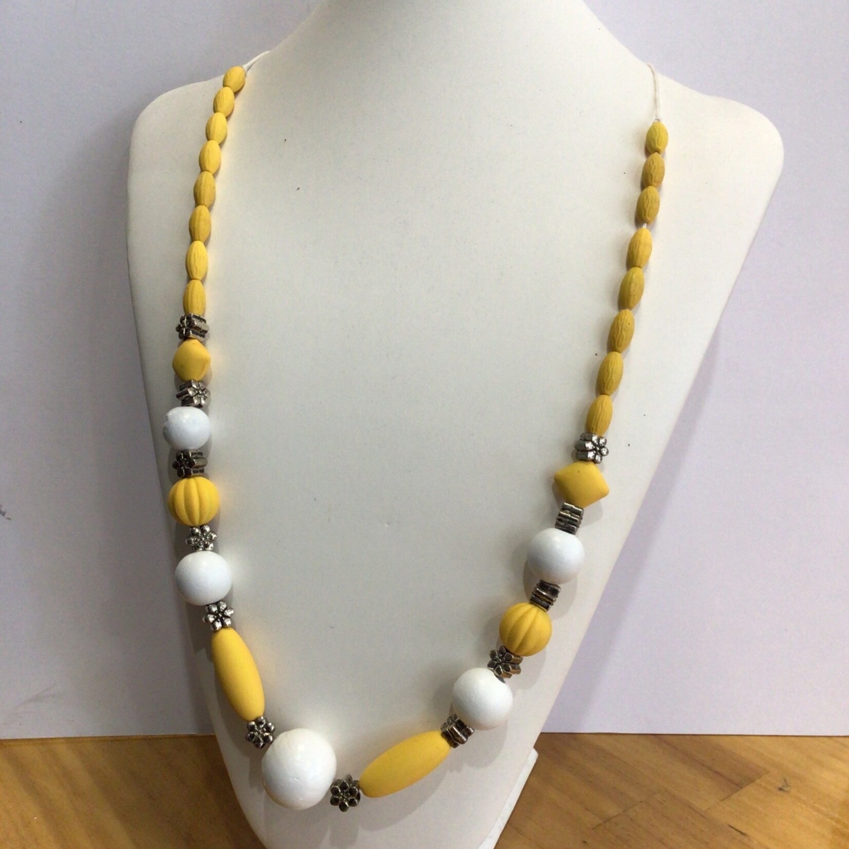 OPO Yellow & White Wooden Bead Long Necklace