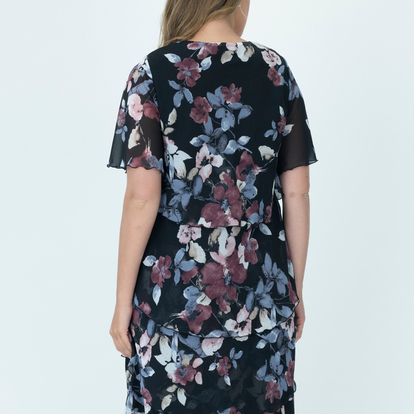 Vivid International Black Florals Layered Short Sleeve Dress