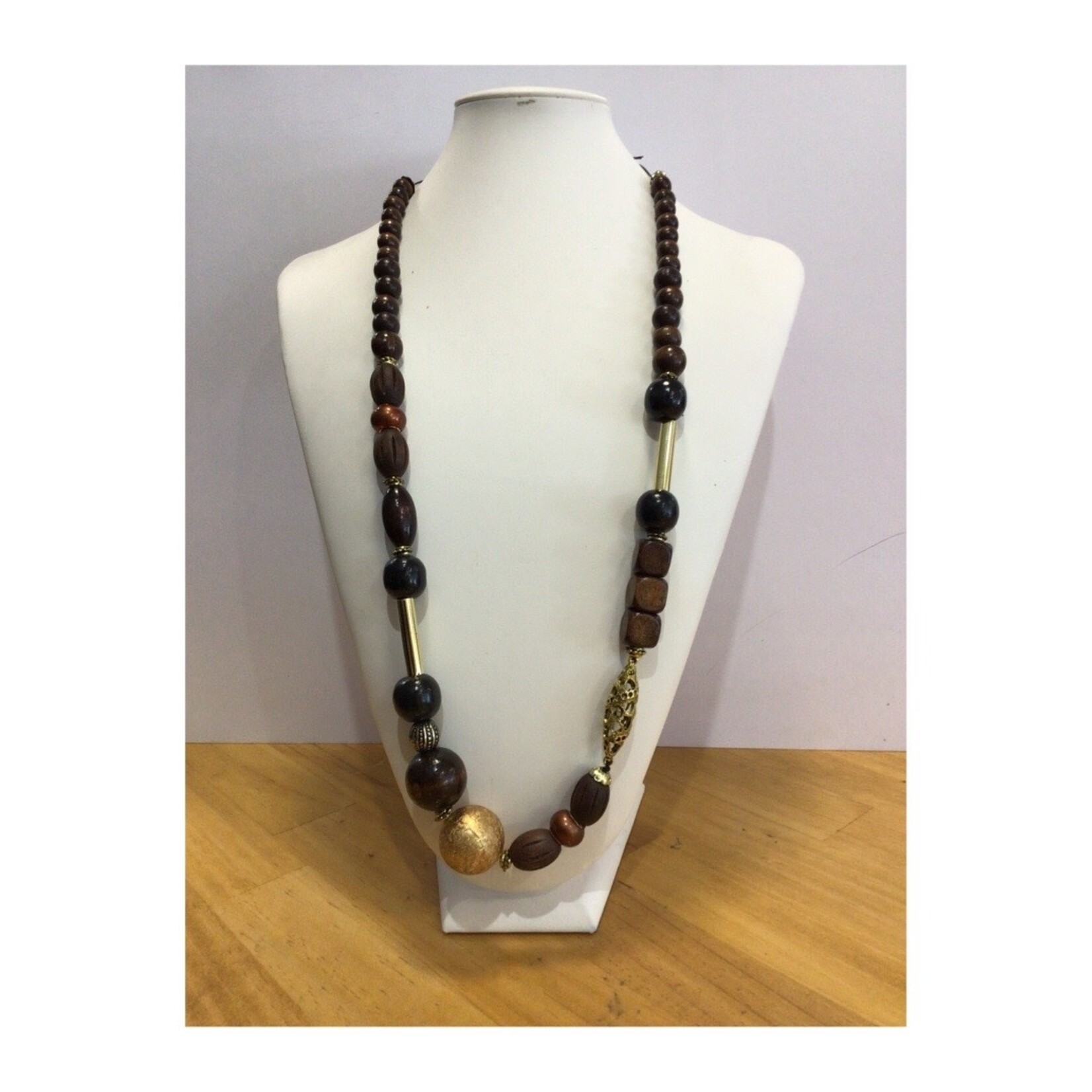 OPO Chocolate Wood & Gold Detail Bead Necklace