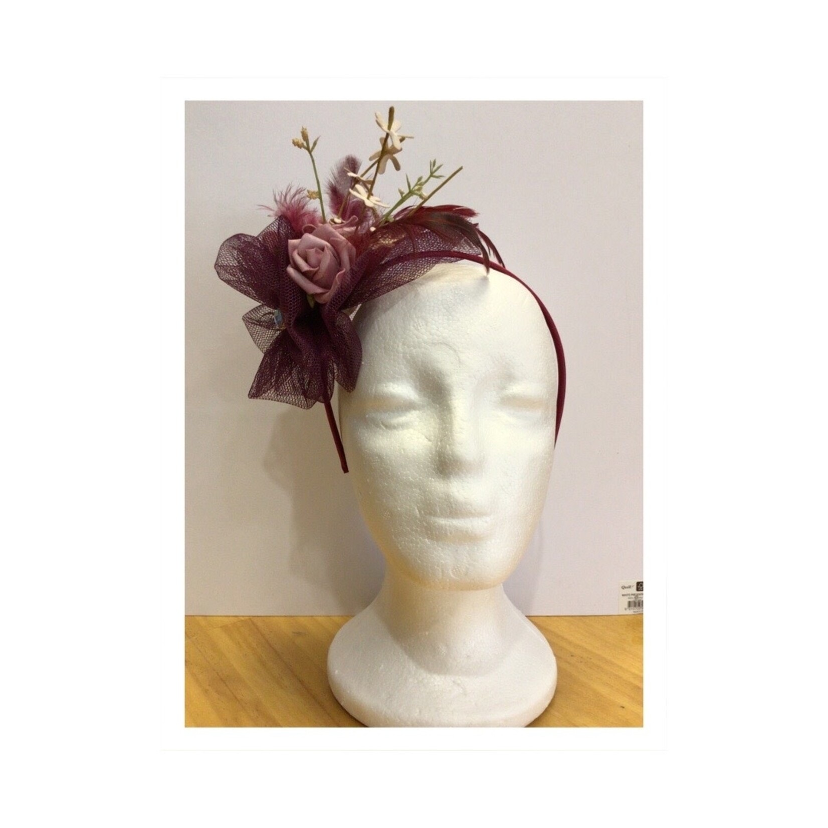 OPO Burgundy Tulle Rose & Feather Jewel Fascinator