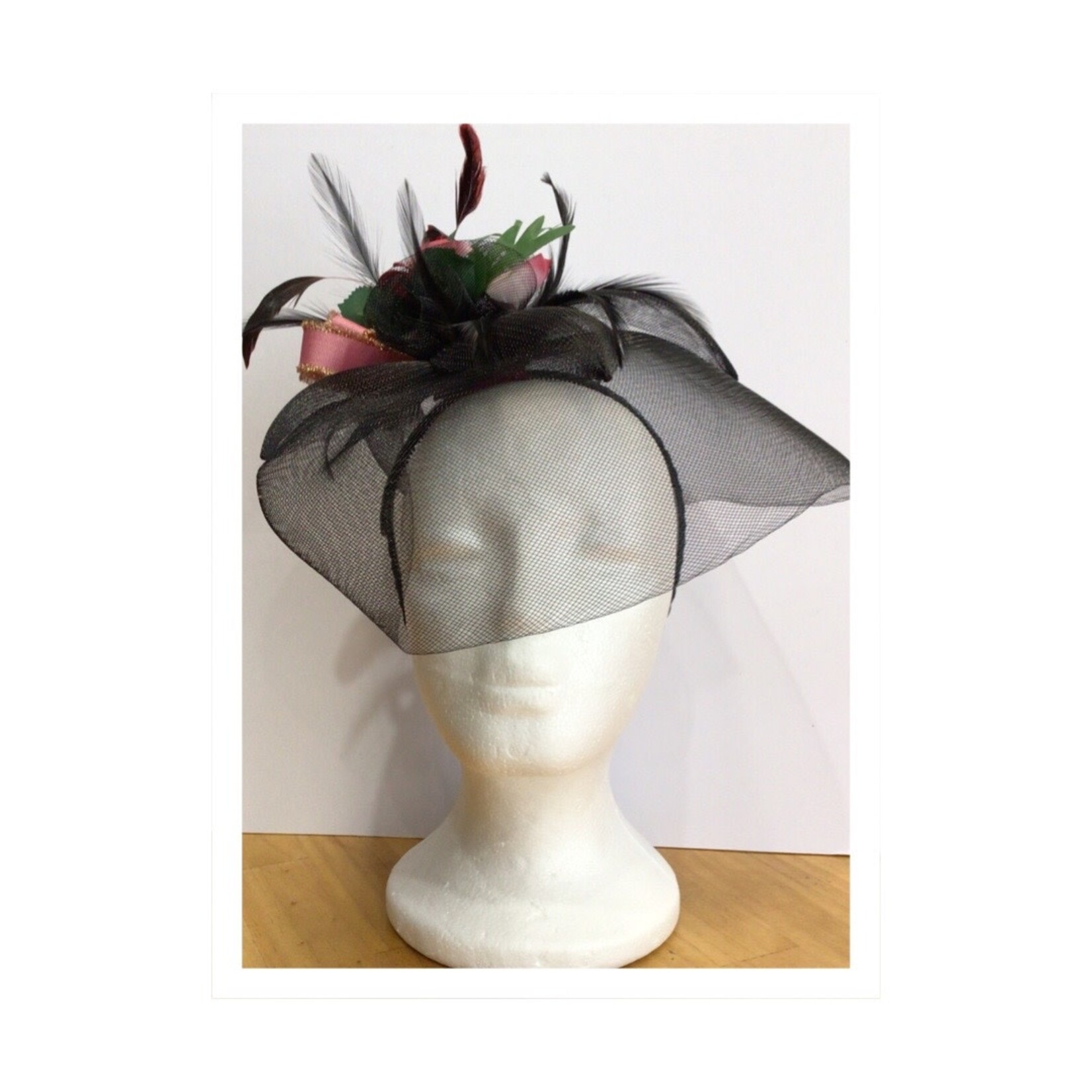 OPO Black w/Pink Flowers Feather Hat Fascinator