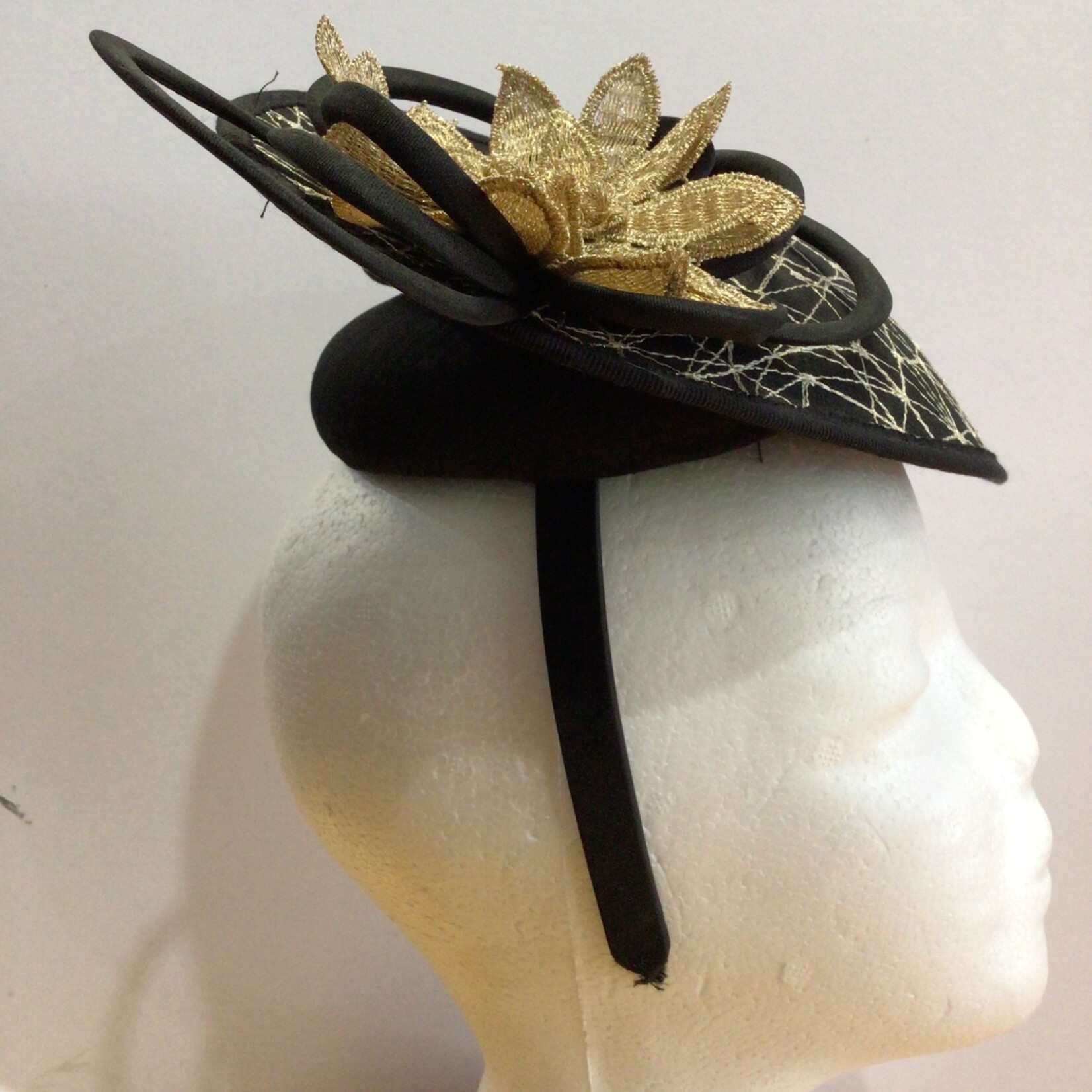 Jendi Black with Gold Flower Hat Fascinator