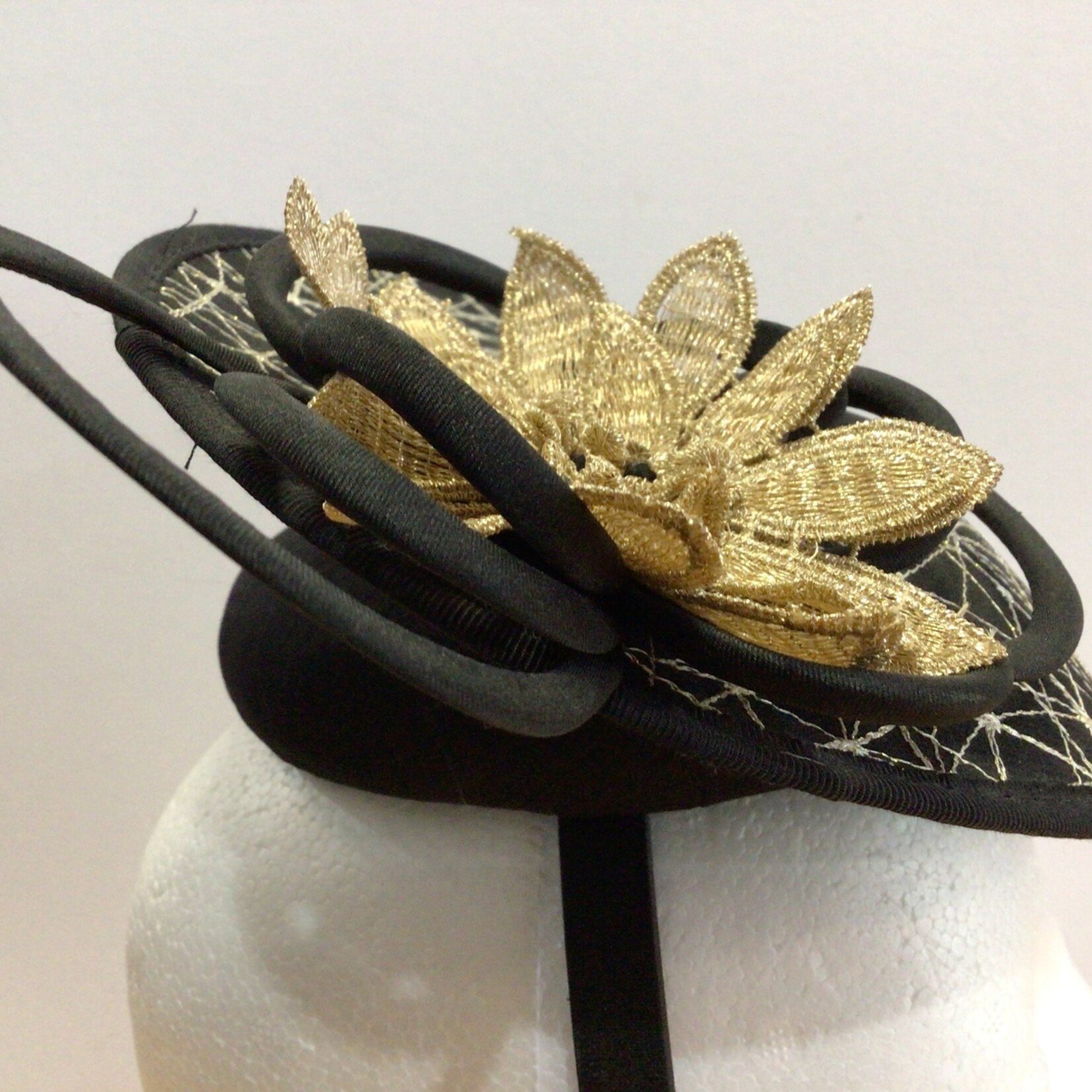Jendi Black with Gold Flower Hat Fascinator