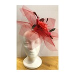 OPO Red Tulle, Feather Flower Comb Fascinator