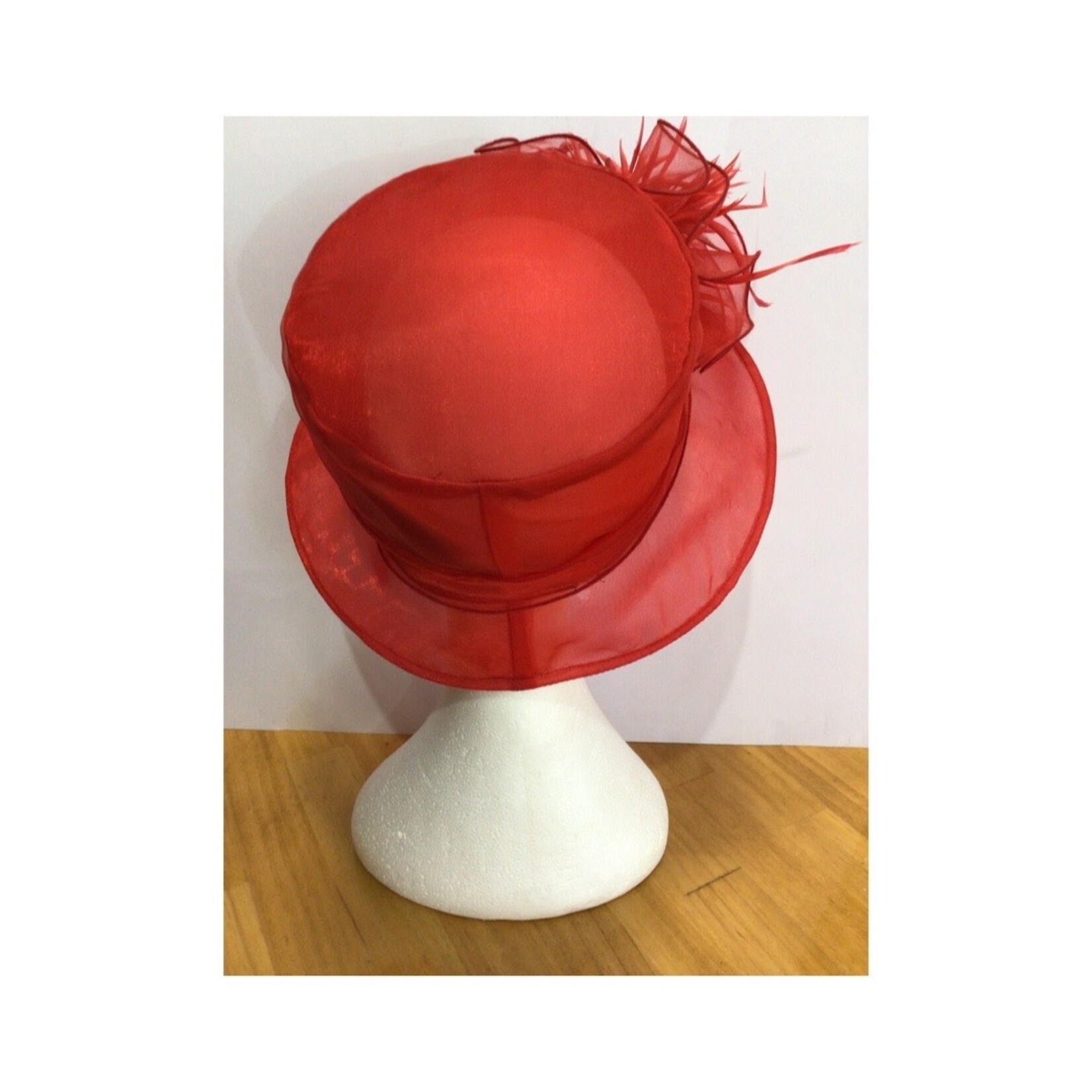 Jendi Red Organza with Flower & Feathers Hat
