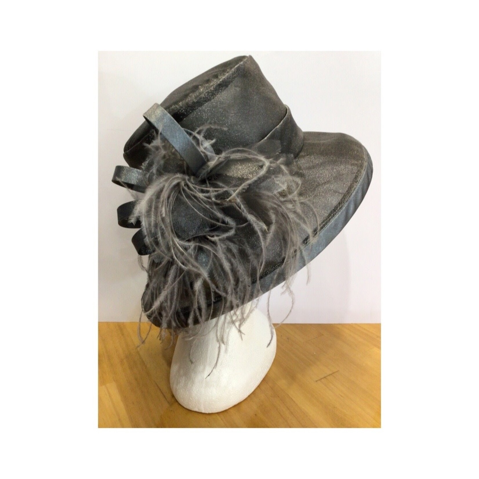 Jendi Grey Organza Hat with Feathers