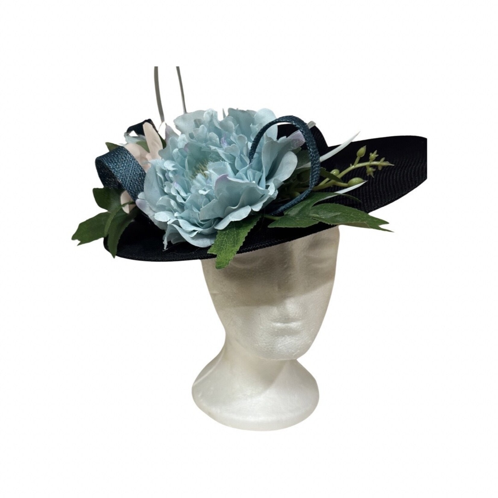 OPO Light Blue Floral w/ Large Black Hat Fascinator