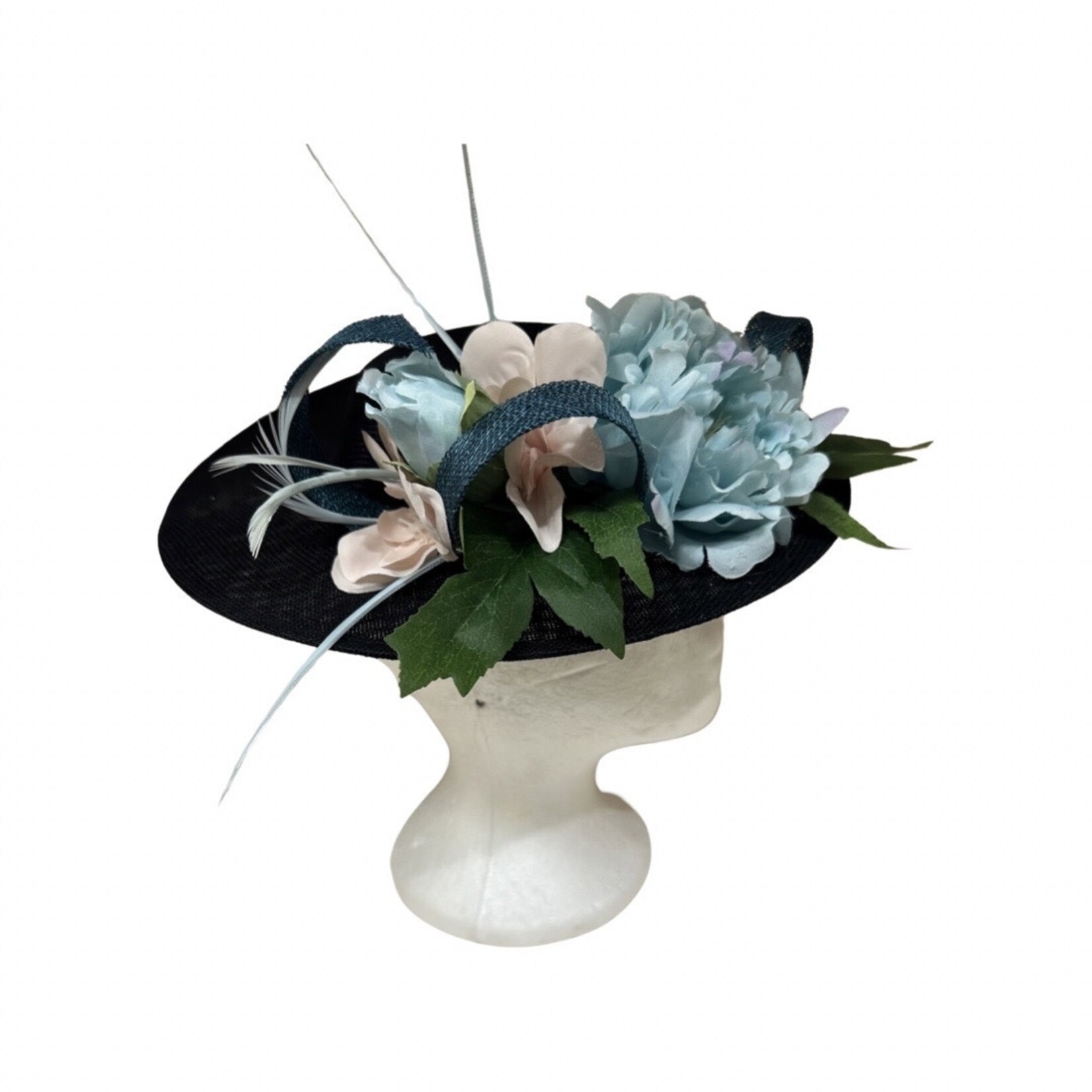 OPO Light Blue Floral w/ Large Black Hat Fascinator