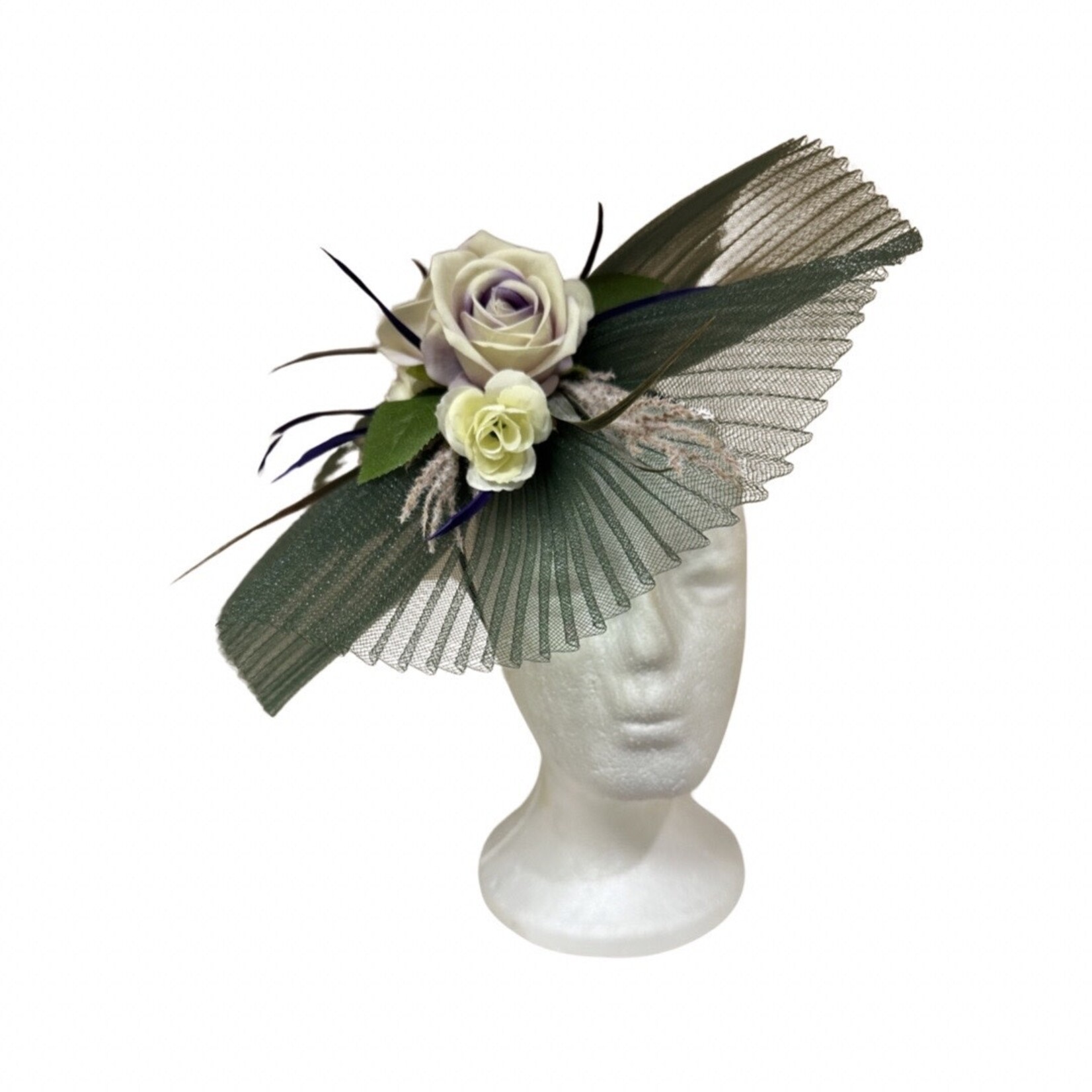 OPO Purple Floral w/Green Pleated Tulle Fascinator