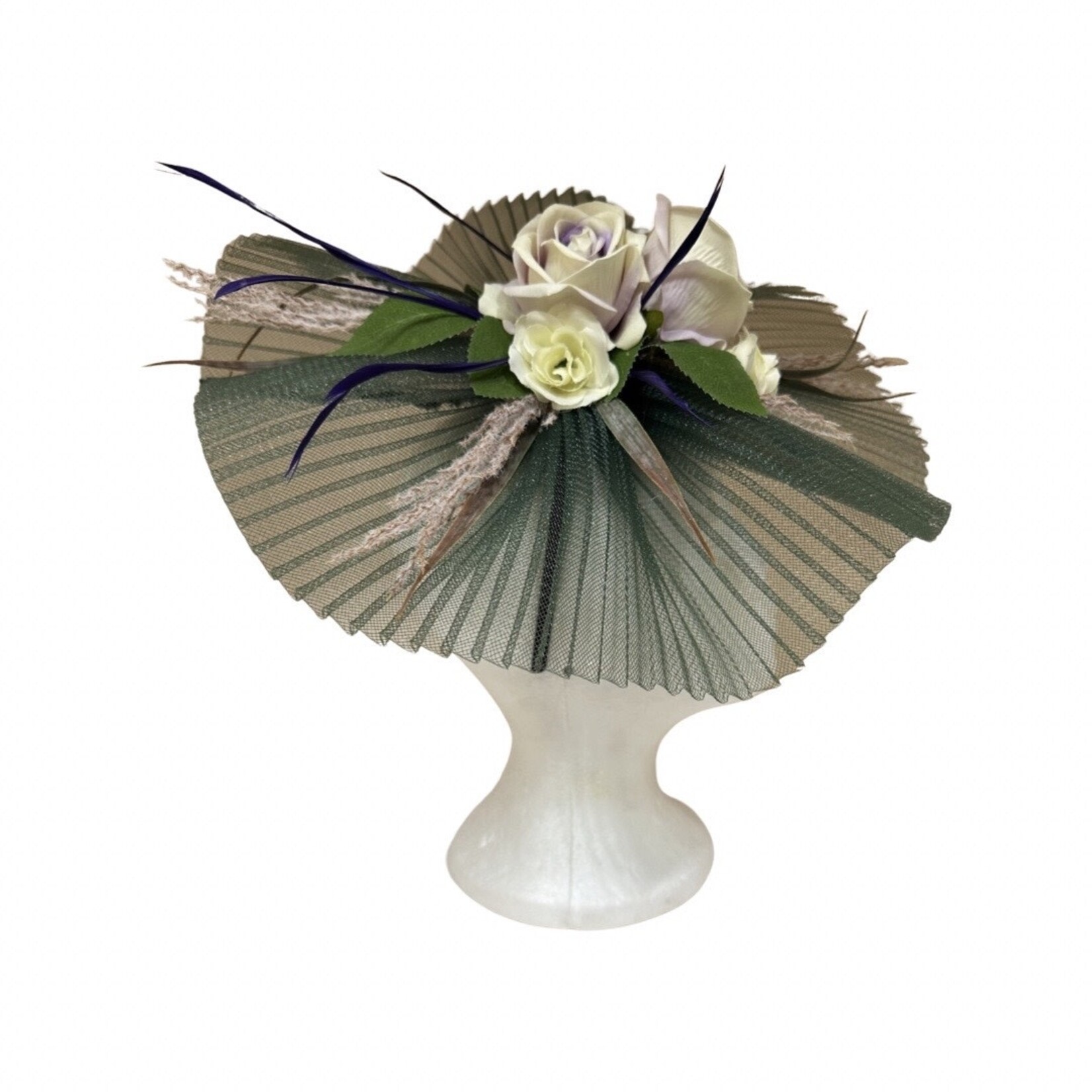 OPO Purple Floral w/Green Pleated Tulle Fascinator