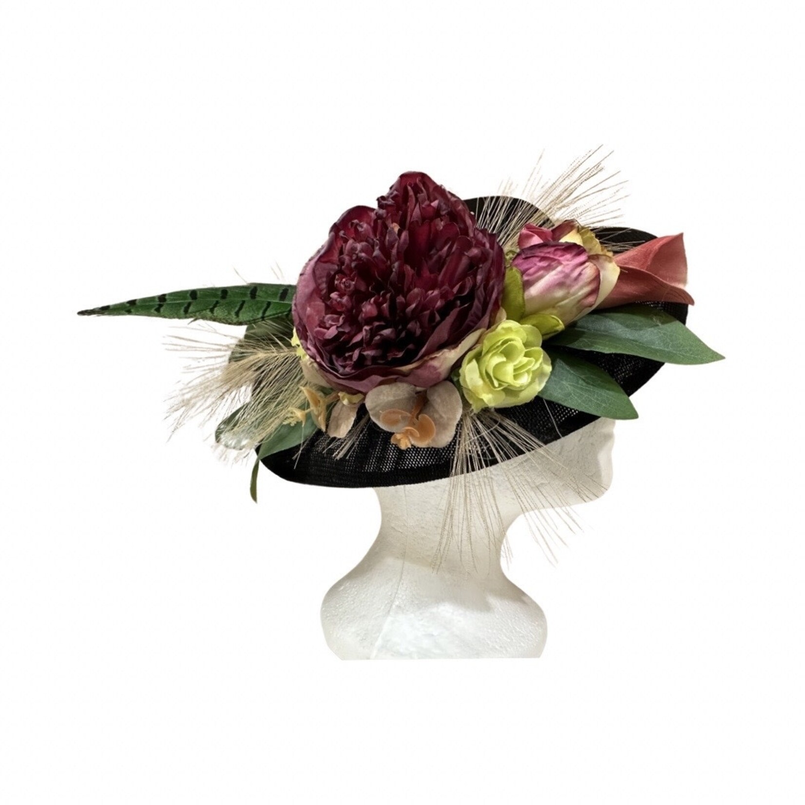 OPO Burgundy Floral w/ Large Black Hat Fascinator