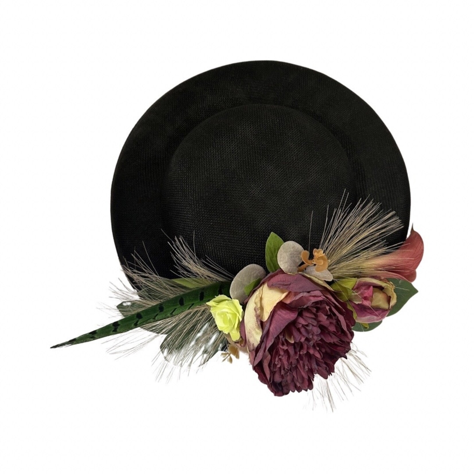 OPO Burgundy Floral w/ Large Black Hat Fascinator