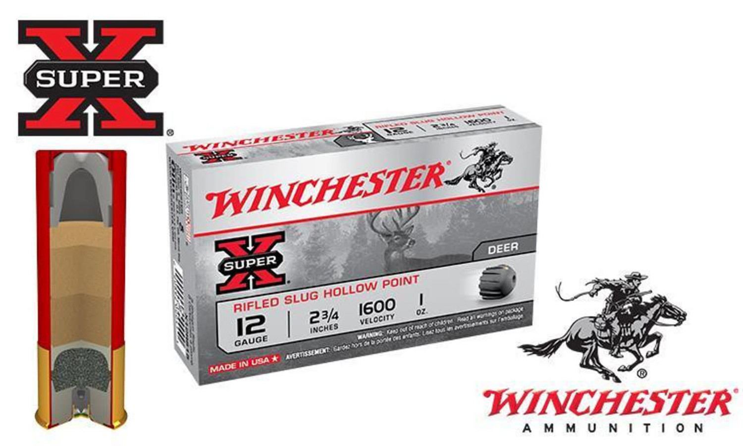 Winchester Ammunition Super-X Deer Hunting 20 GA ( 20 Gauge ) 3/4 OZ Rifled  Slug Lead HP ( Hollow Point ) 1600 FPS Velocity At The Muzzle High Brass  Plastic 209 Primed