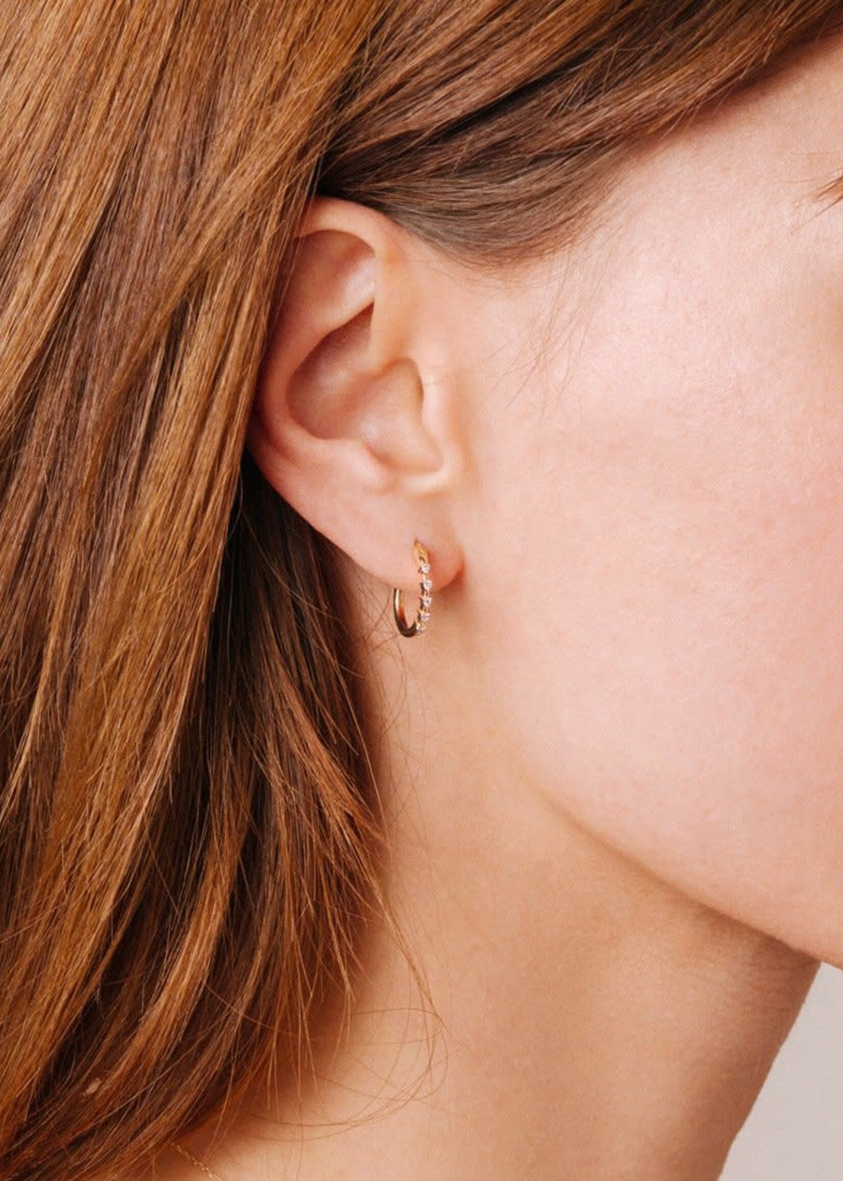 5 Diamond Huggie Hoops, 14k yellow gold, diamond ct .03