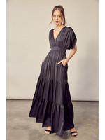 Tiered Satin Maxi W/ Ruched Tie Sleeves