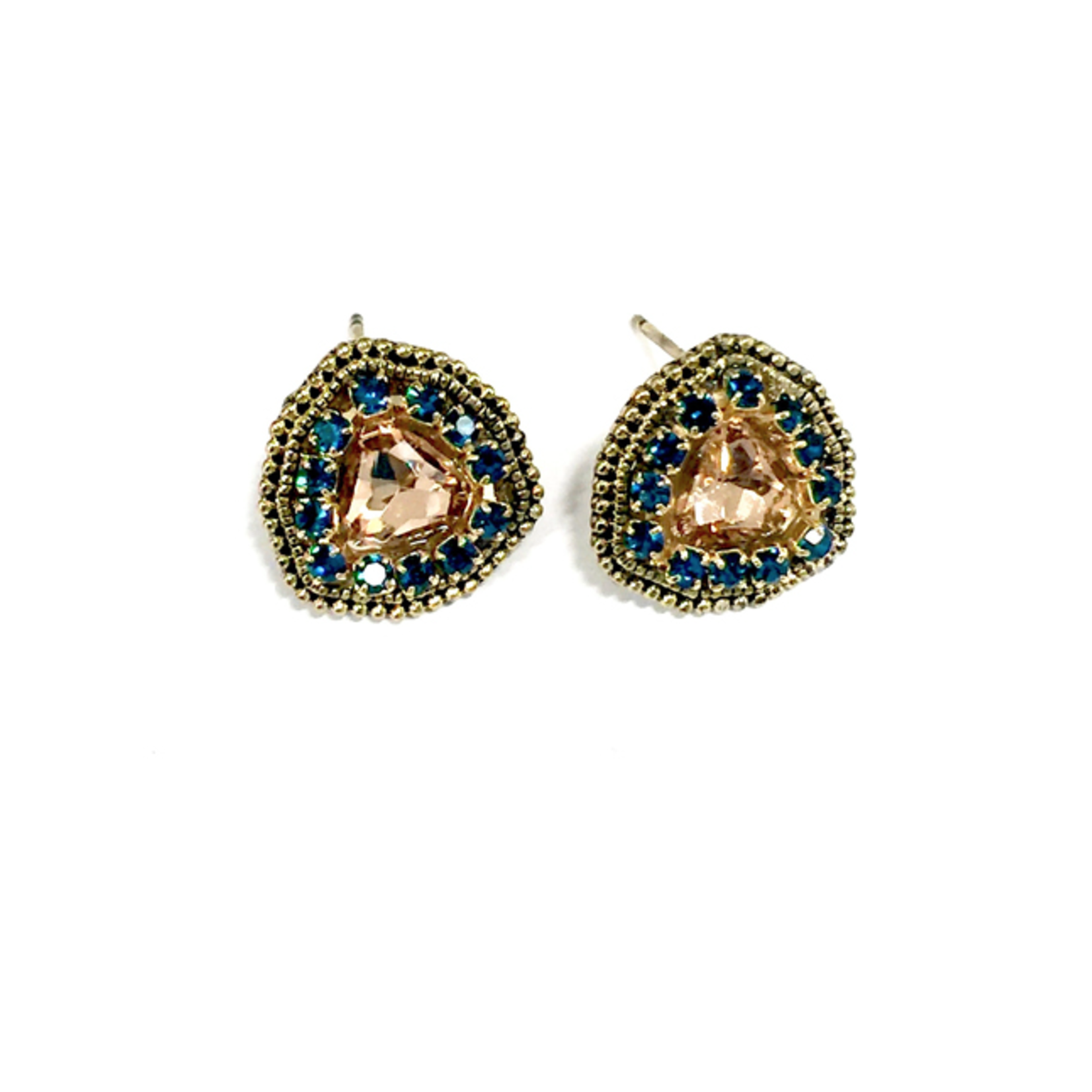 Vintage Rose Crystal Stud W/ Montana Blue Crystal & Antique Gold Surrounding Base W/ Gold Plated Silver Post